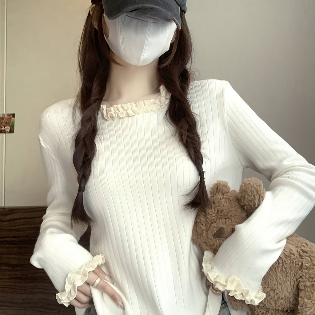 Solid Color Ruffle Neckline Top, Sweet Cute Lace Sweater, Fashionable Versatile Women's Pullover for Autumn and Winter
