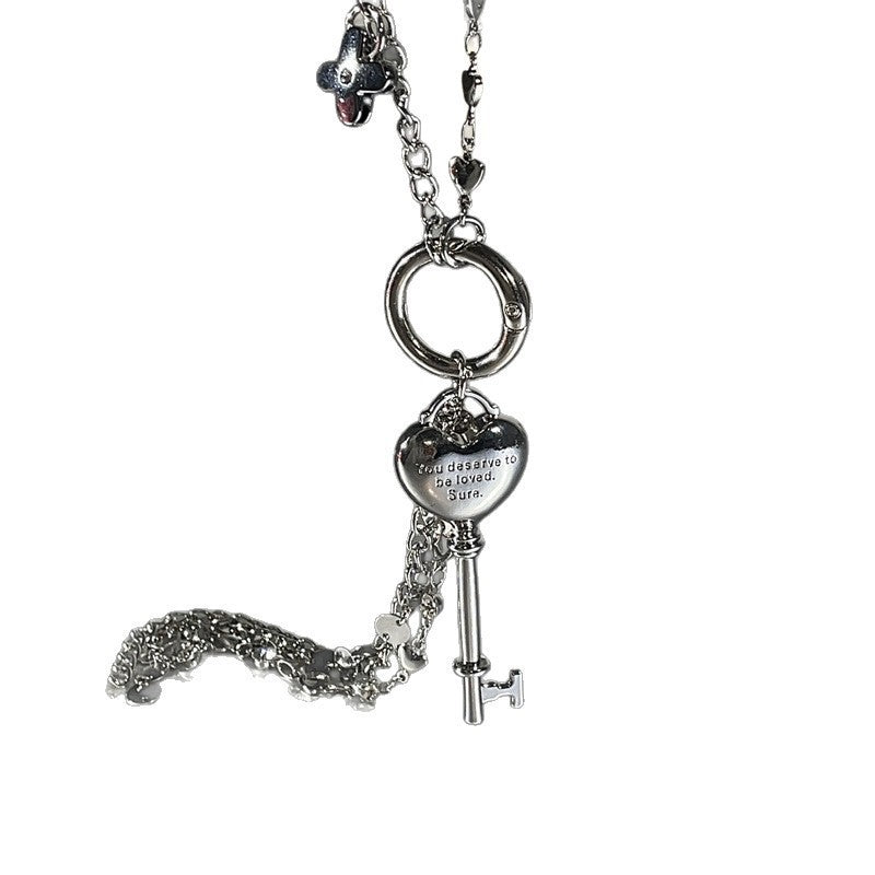 Sweet Cool Style Heart Tassel Necklace High-End Bow Pendant Design Sweater Chain Choker