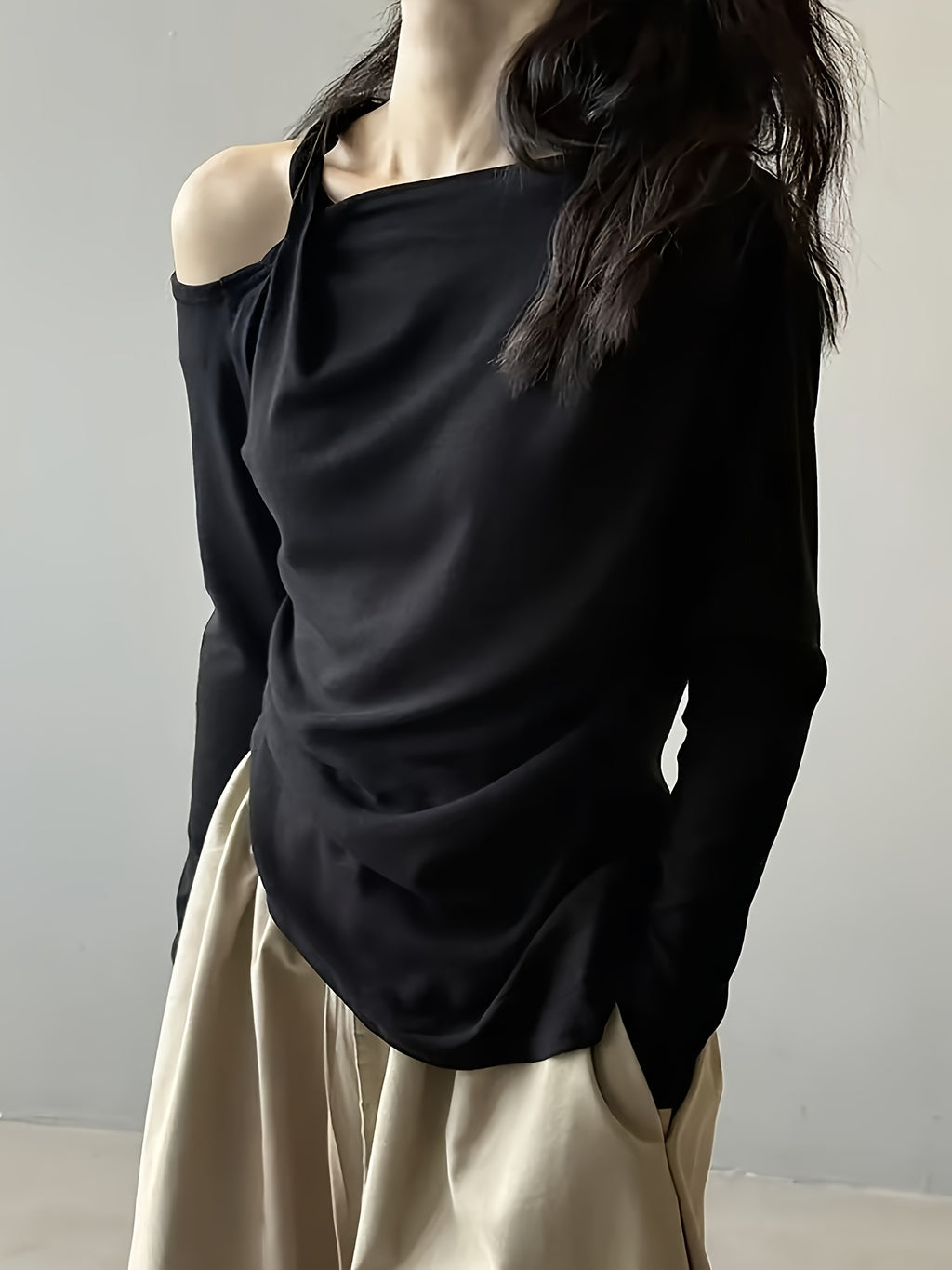 Ladies' Elegant Off Shoulder Long Sleeved T-shirt Top | Irregular Design, Versatile for Banquets, Dates, Festivals, Daily Life, Leisure, Celebrations, Tourism