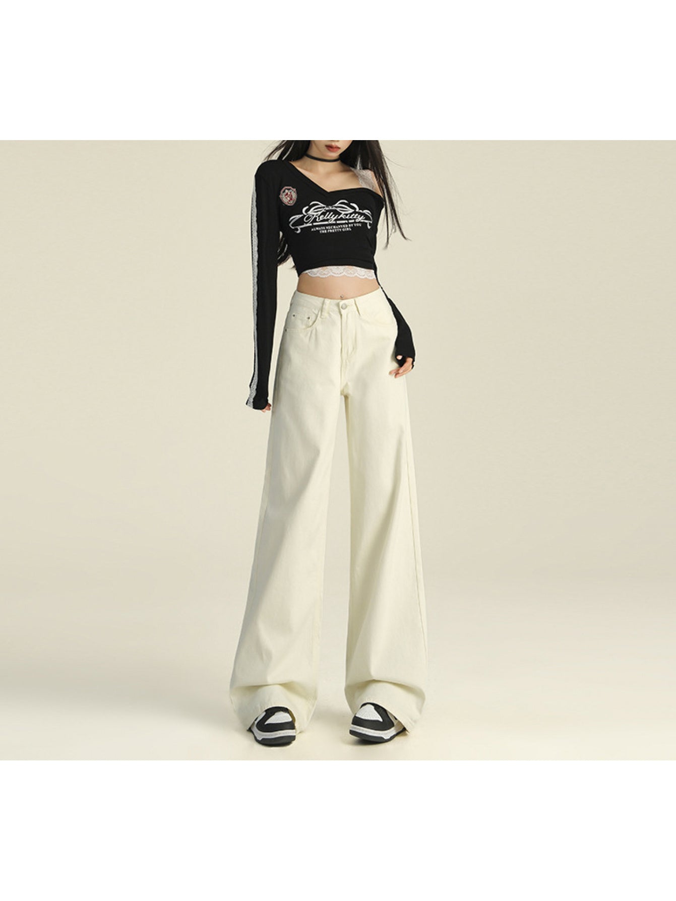 High-waisted, Lazy-Chic Floor-Length Denim Jeans | Elegant Solid Color with Slight Stretch, Straight Leg Style, Suitable for All Seasons