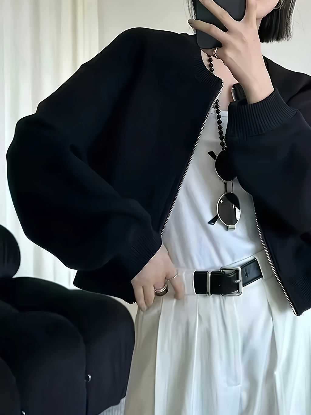 Black Women'S Fleece Zip-Up Hoodie Jacket with a Small Stand Collar, Suitable for Autumn And Winter, Perfect for Casual