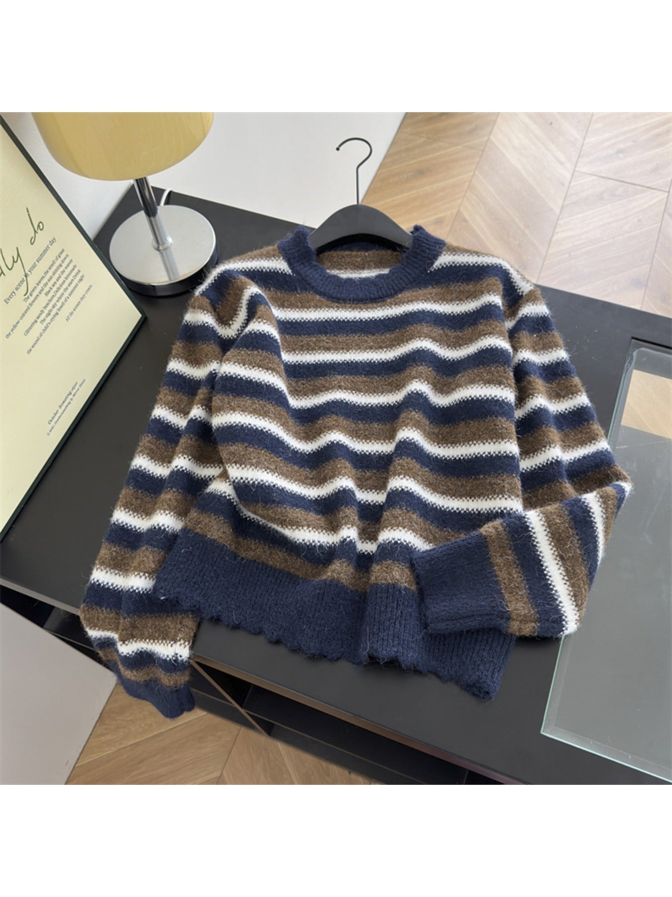 Autumn and Winter Women'S Simple and Versatile Striped Crew Neck Pullover Long-sleeve Sweater | Casual Style, Solid Color Pattern