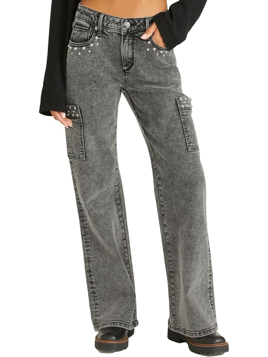 High-Waisted Wide-Leg Jeans - Adorned Belt Loop & Button Closure, Straight-Leg Workwear Pants