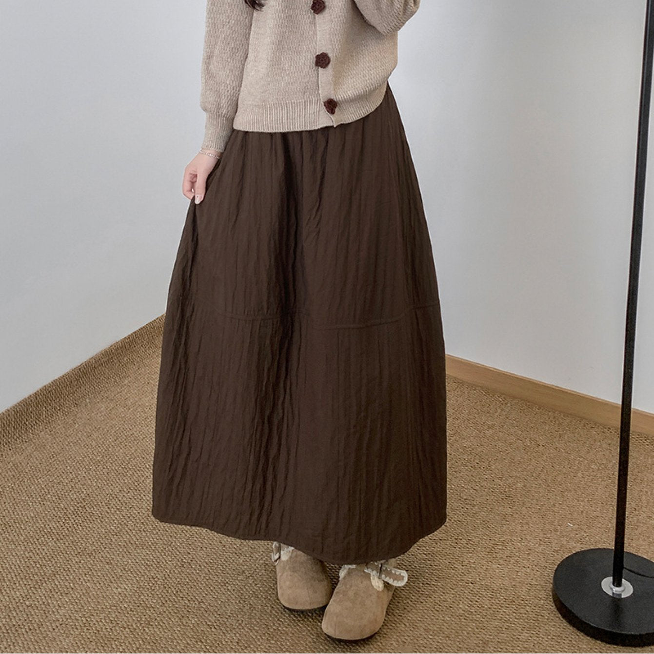 Japanese Retro Textured Three-Dimensional Flower Bud Skirt | Suitable for Weight Below 165.35LB, Women Autumn Winter Quilted Warm Half-Length A-Line Umbrella Skirt with Fake Pockets