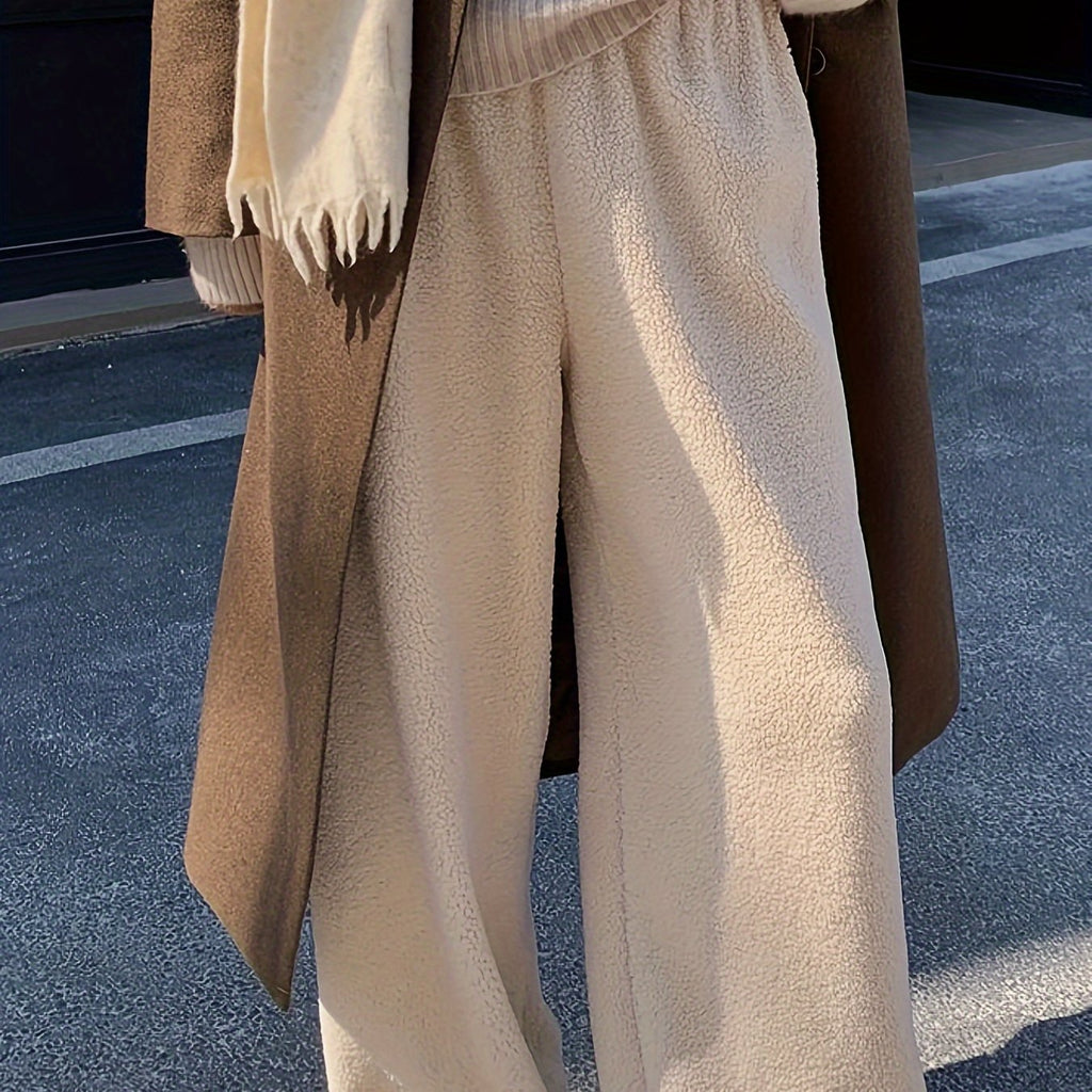 Women's -Lined Wide-Leg Pants Winter Thermal Trousers - Cozy Loose-Fit Solid Color Pants with Wide Leg Opening, Machine Washable Warm Pants for Fall\Winter