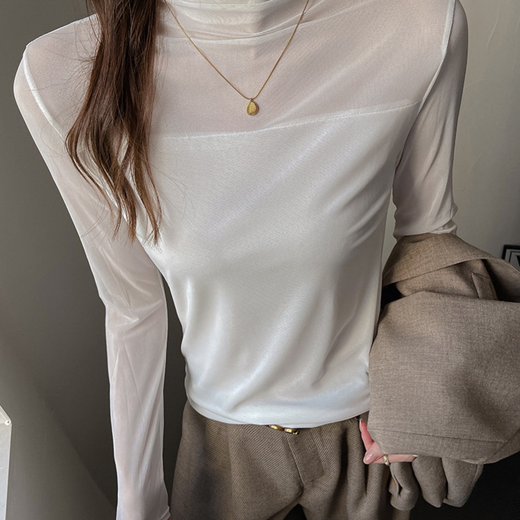 Mesh Patchwork Long-Sleeved Base Shirt | Women'S Autumn and Winter Semi-Turtleneck Fashion High-End Inner Top with Contrast Mesh Details