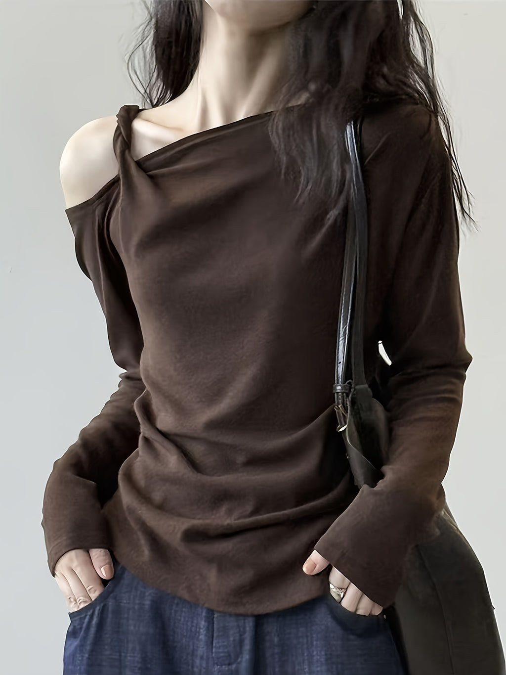 Ladies' Elegant Off Shoulder Long Sleeved T-shirt Top | Irregular Design, Versatile for Banquets, Dates, Festivals, Daily Life, Leisure, Celebrations, Tourism