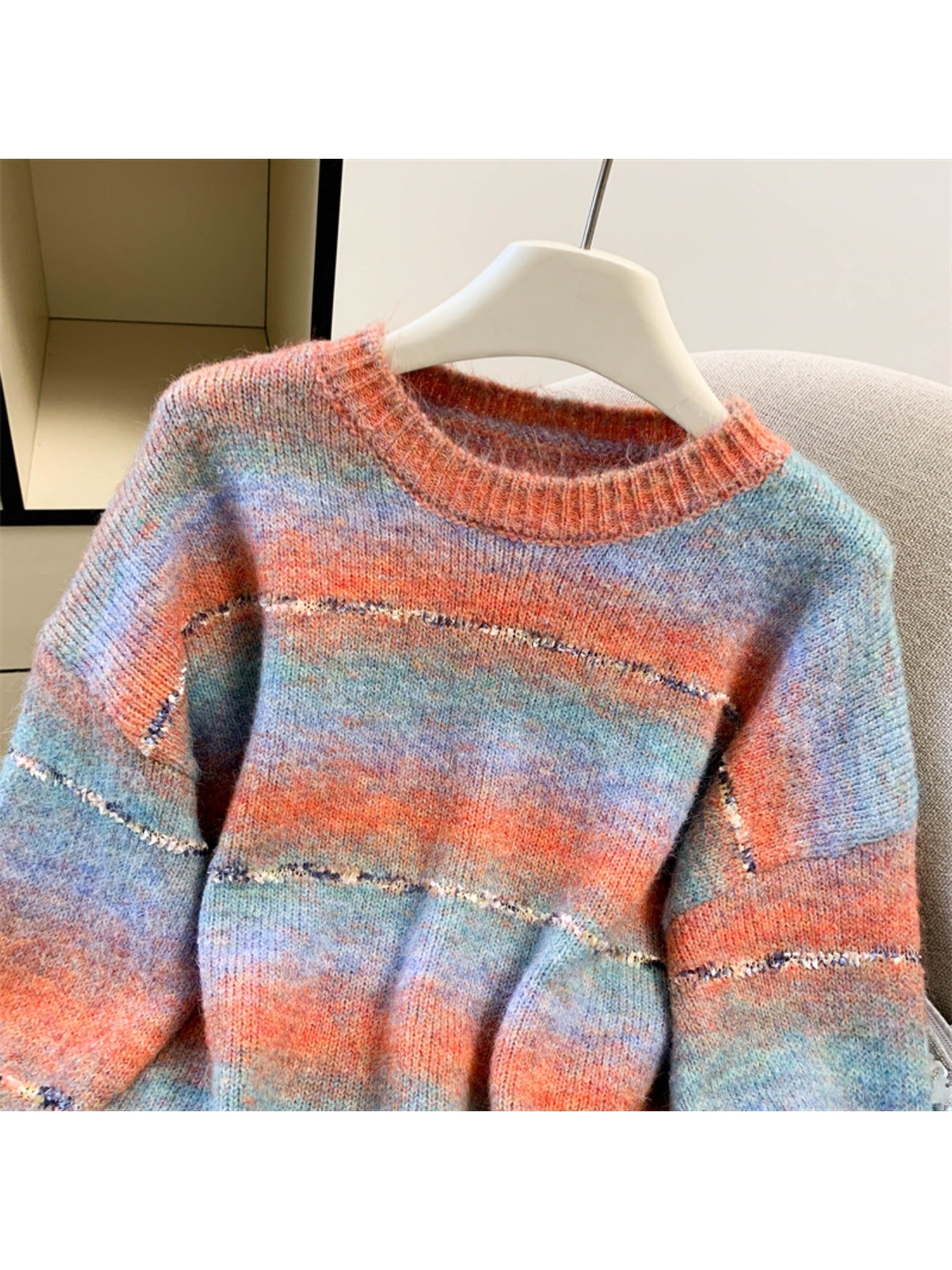 Women's Winter Warm Loose-Fit Outerwear Sweater - Rainbow Stripe Color-Block Round Neck Pullover, Casual Winter Sweaters for Layering (Hand Washable) in Multicolor Stripes