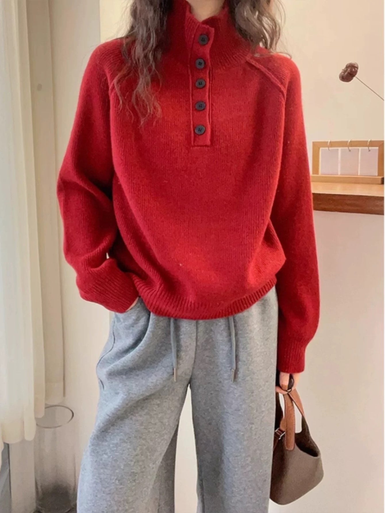 Winter Sweater - High Neck Turtleneck Button-Front Closure, Loose Fit Soft Warm Pullover Sweaters, One-Size-Fits-Most Color Block design for Office, Date Night & Cold Weather