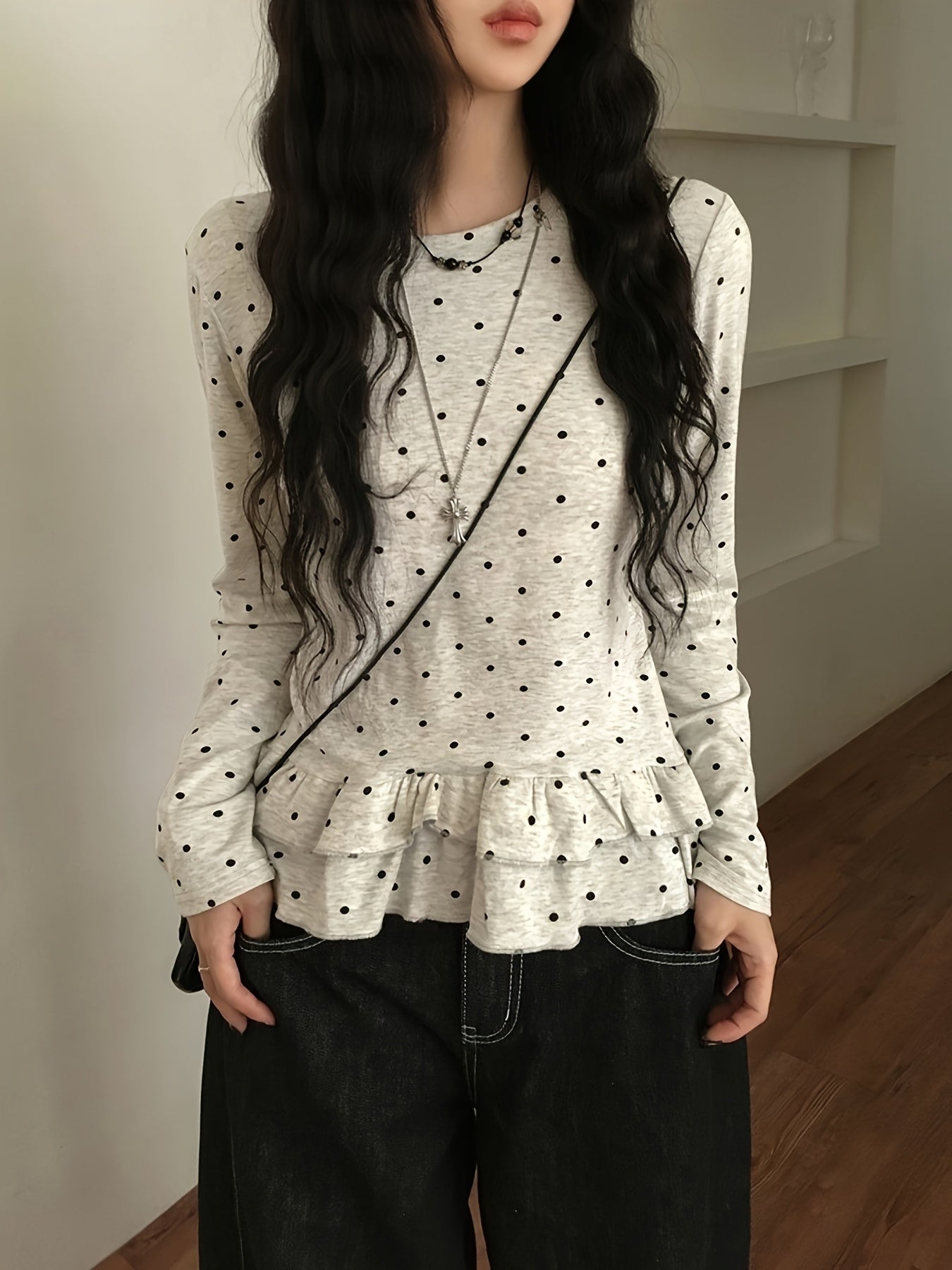 Autumn Round Neck Ruffle Sleeve T-Shirt, Ballet Style Casual Versatile Loose Top, Sweet Base Layer Shirt for Women