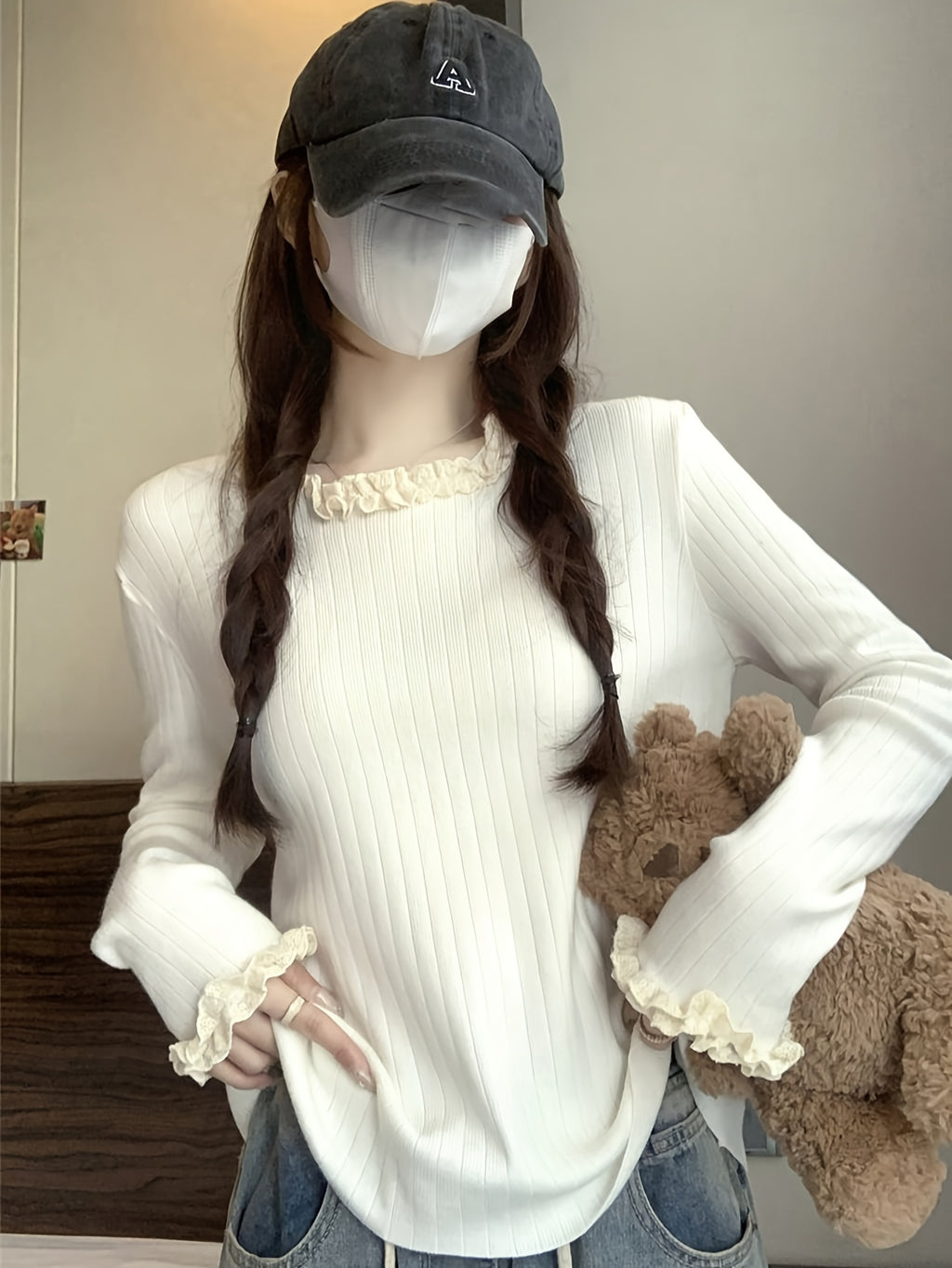 Solid Color Ruffle Neckline Top, Sweet Cute Lace Sweater, Fashionable Versatile Women's Pullover for Autumn and Winter