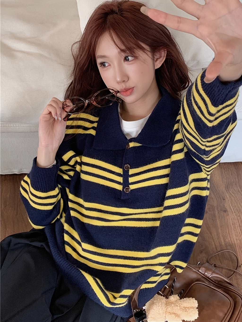 Women'S Korean Christmas Blue Striped Color-Block Button-Up Cardigan | Winter Warm Top, Elegant Knitwear, Loose Fit, Cozy Material, Long Sleeve, Fall\Winter
