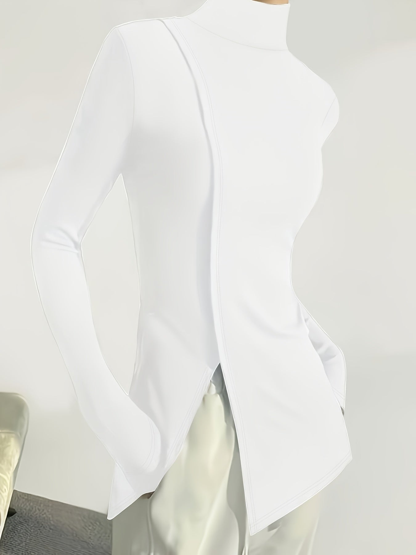 Women's Elegant High-Neck Long-Sleeve Turtleneck Top with Asymmetrical Hem - Sleek Fit Solid Color Black Shirt, Machine Washable All-Season Versatile Top for Casual & Formal Wear, Formal Clothing, Modern Fashion, Smooth Fabric