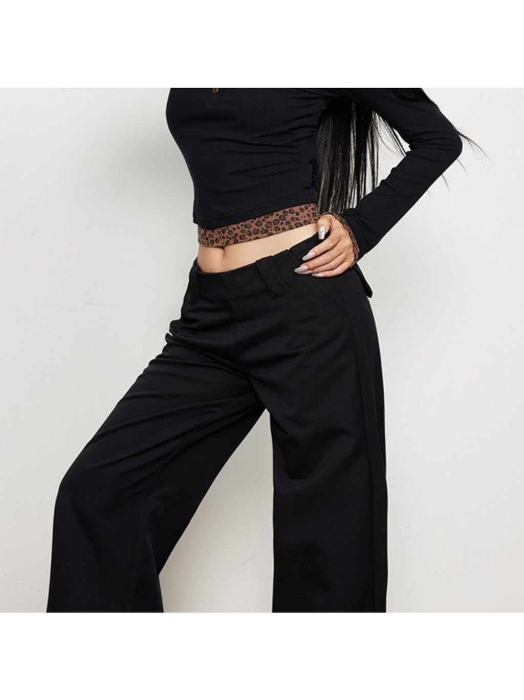 Four Seasons Wear Spice Style Black Low Waist Casual Pants | Drape Loose Straight Leg Wide Leg Suit Pants with Back Flap