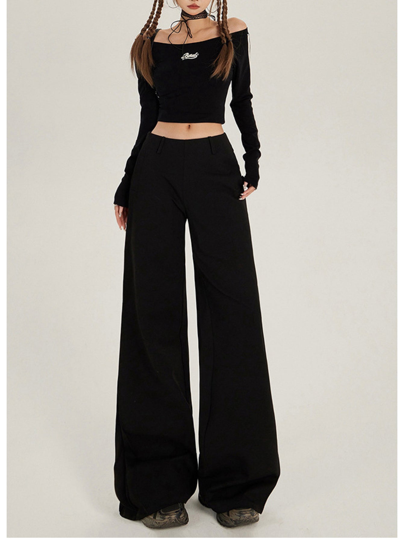 Retro Low-Rise Wide-Leg Flared Trousers | Casual Solid Color, All-Season