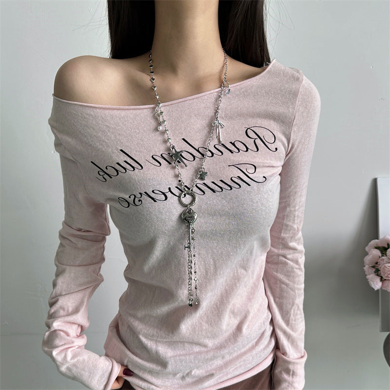 Sweet Cool Style Heart Tassel Necklace High-End Bow Pendant Design Sweater Chain Choker