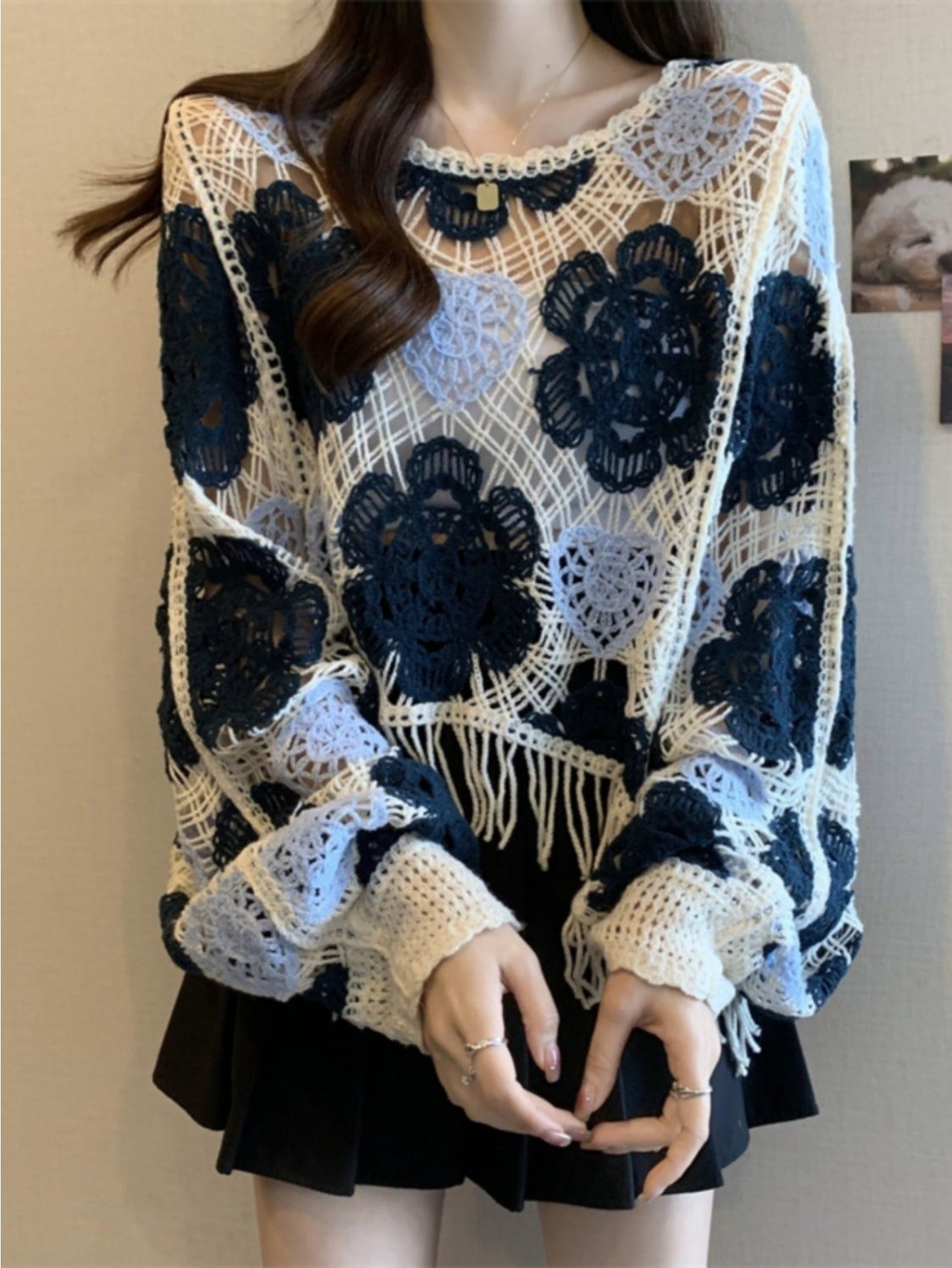Women's Vintage French Crochet Sweater - Oversized Loose Fit Long Sleeve Crocheted Top with Fringe Hem & Lace-like White Yoke, & Navy Blue Short Cropped Jacket (Hand Washable) for Layering, Beach Parties & Casual