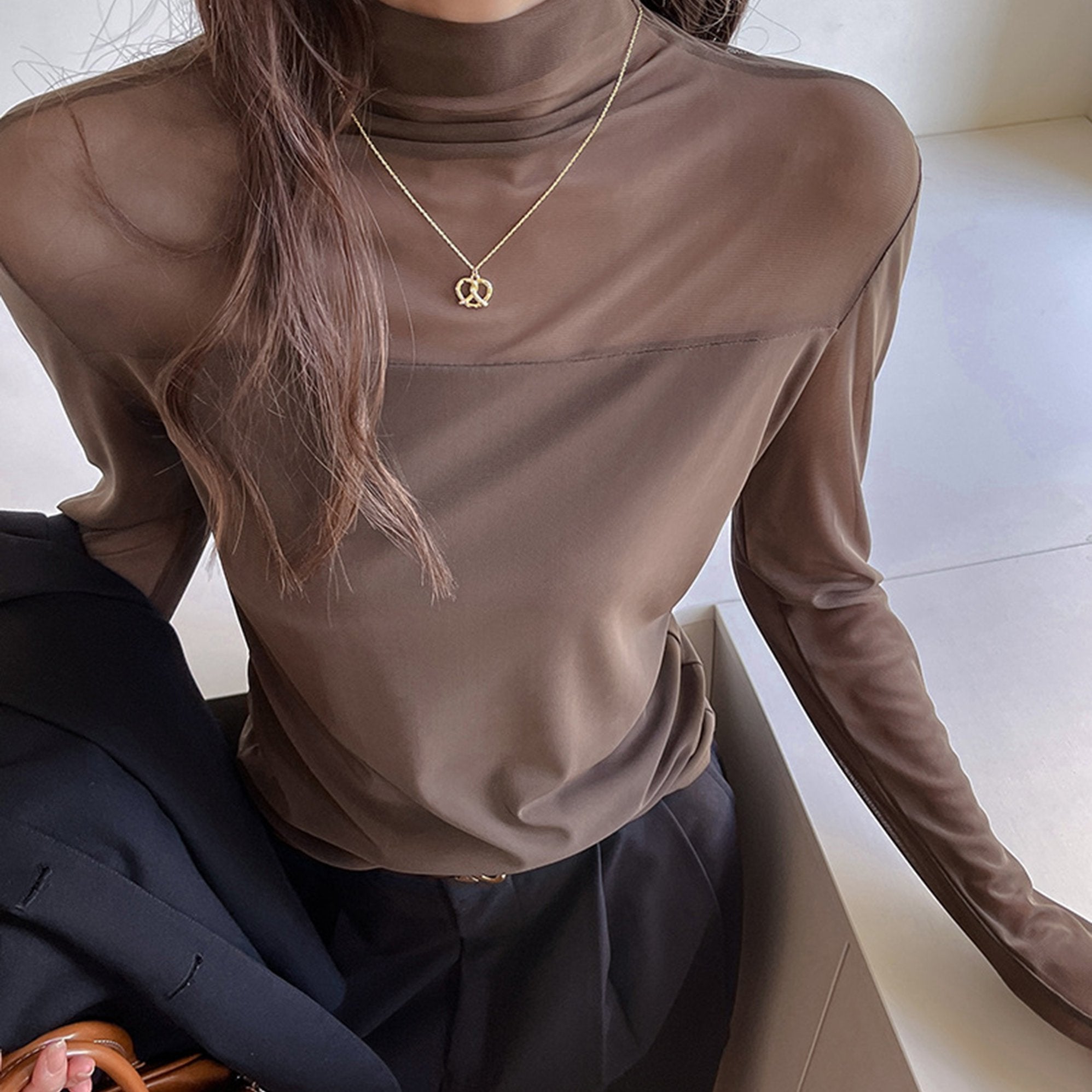 Mesh Patchwork Long-Sleeved Base Shirt | Women'S Autumn and Winter Semi-Turtleneck Fashion High-End Inner Top with Contrast Mesh Details