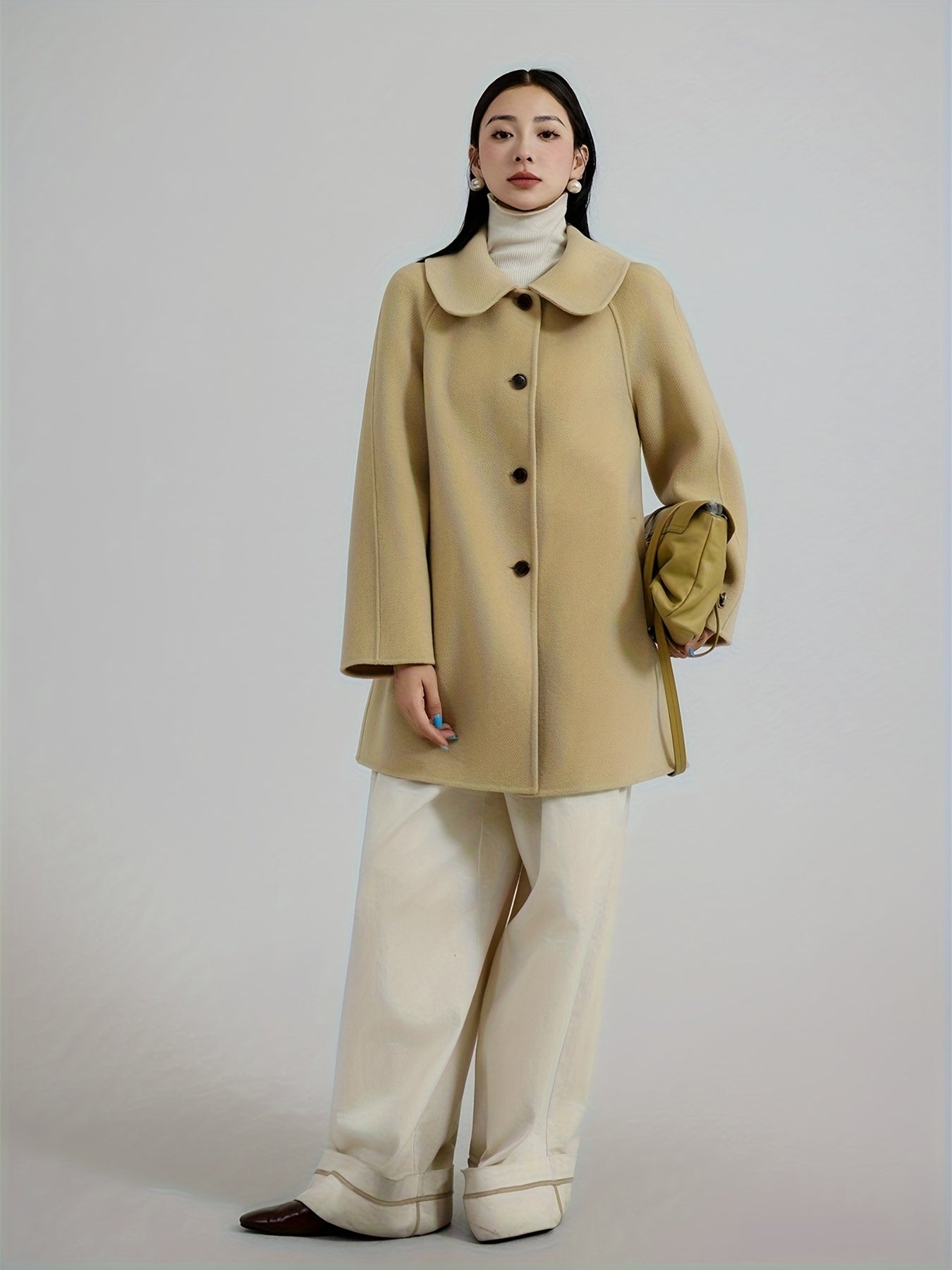 Women's Handmade 100% Wool Wool Coat - Double-Faced Winter Jacket with Single-Breasted Lapel & Pockets, H-Silhouette Peacoat Overcoat for Fall\Winter