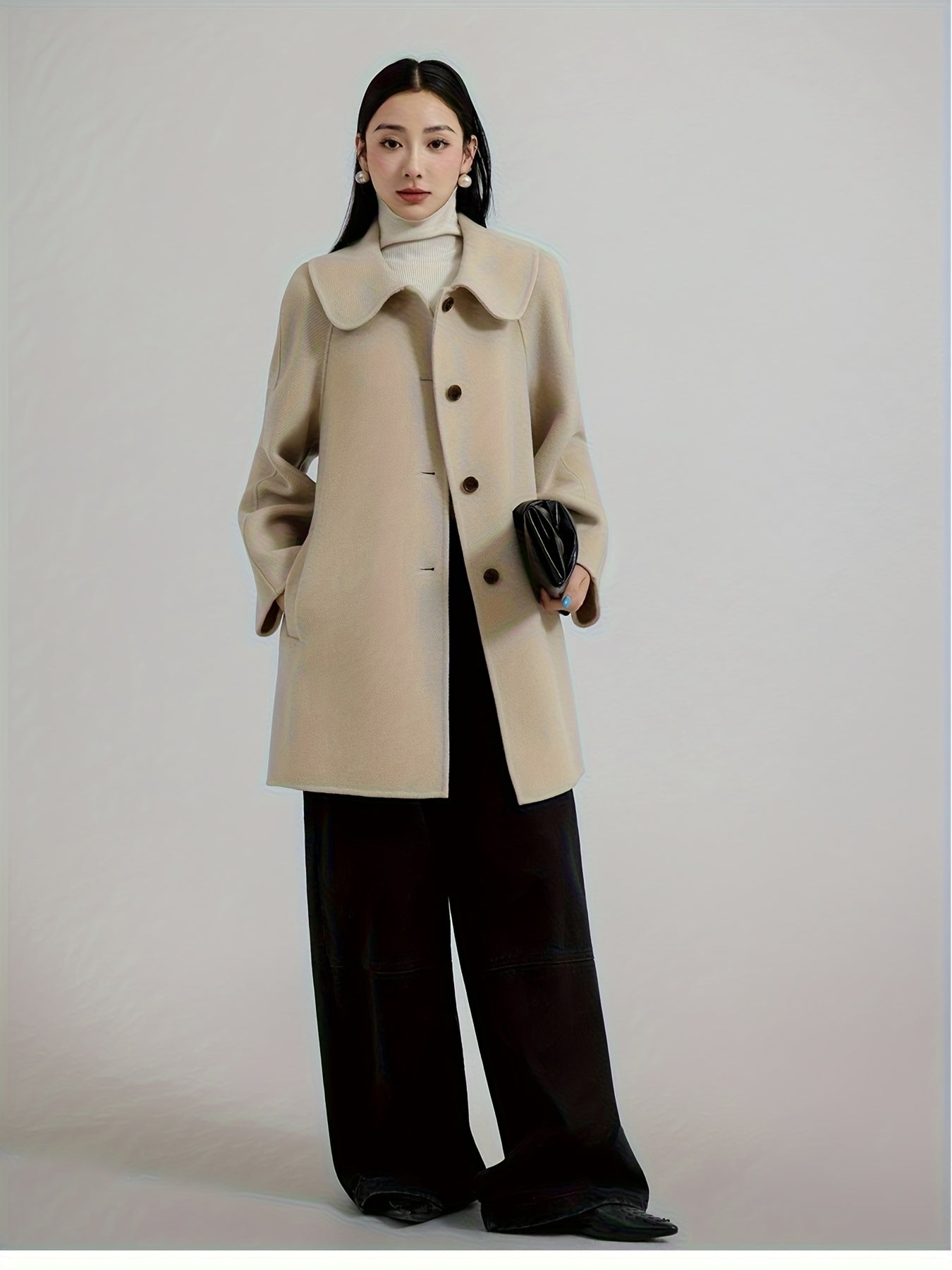 Women's Handmade 100% Wool Wool Coat - Double-Faced Winter Jacket with Single-Breasted Lapel & Pockets, H-Silhouette Peacoat Overcoat for Fall\Winter