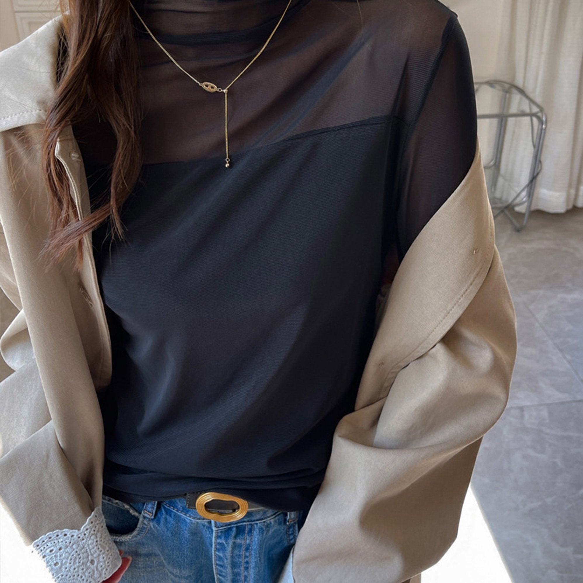 Mesh Patchwork Long-Sleeved Base Shirt | Women'S Autumn and Winter Semi-Turtleneck Fashion High-End Inner Top with Contrast Mesh Details