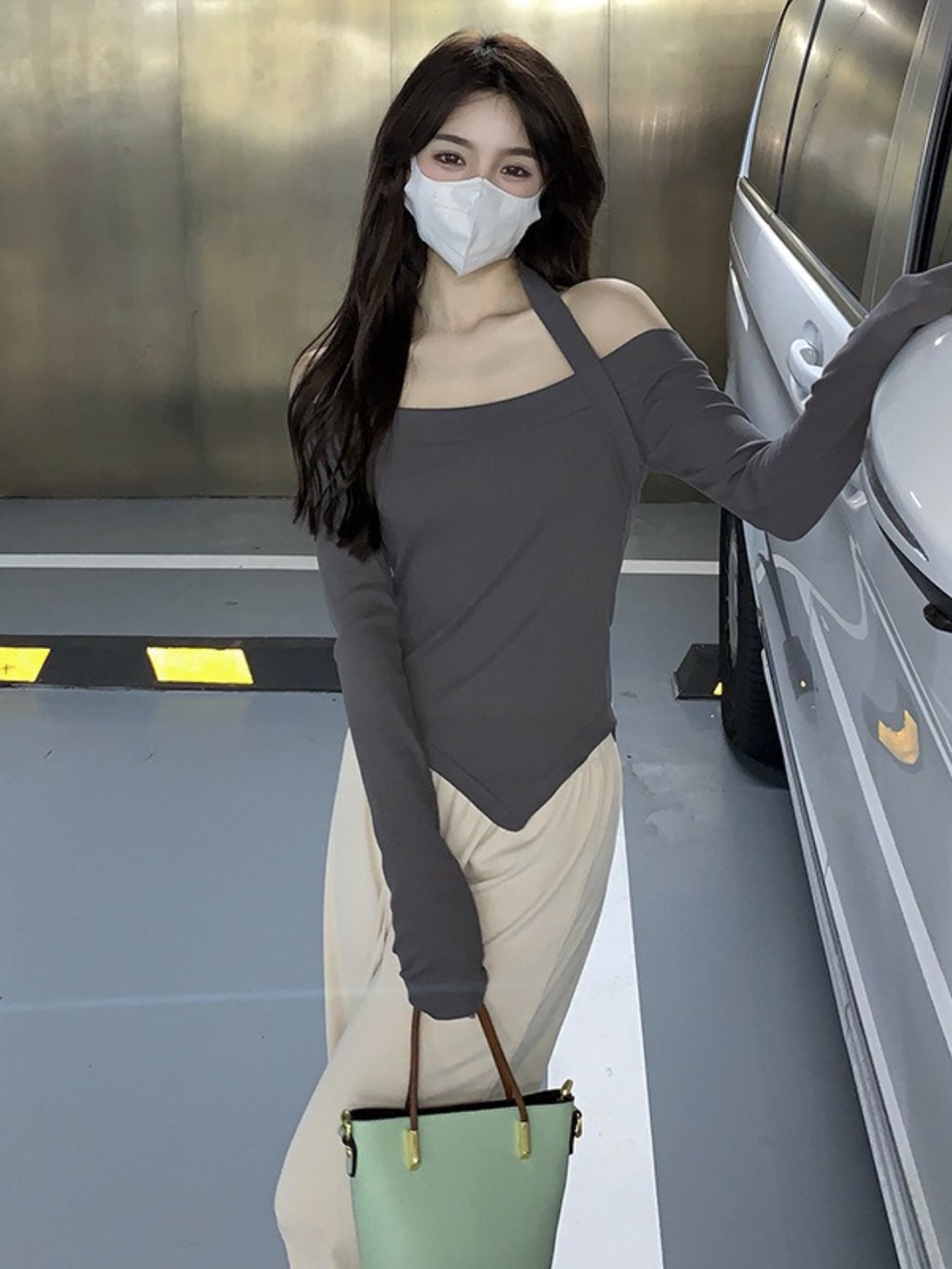 Women'S Y2K-Inspired Off-the-Shoulder Long-Sleeve T-Shirt - Ribbed Cropped Fitted Top with Contrast Color Blocking, Solid & Layered Look, Spring\Autumn Casual to Semi-Formal Wear, Versatile Everyday to Special Occasion Shirt