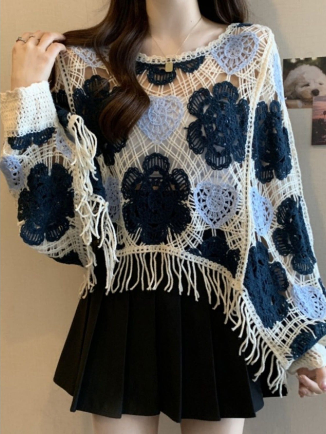 Women's Vintage French Crochet Sweater - Oversized Loose Fit Long Sleeve Crocheted Top with Fringe Hem & Lace-like White Yoke, & Navy Blue Short Cropped Jacket (Hand Washable) for Layering, Beach Parties & Casual