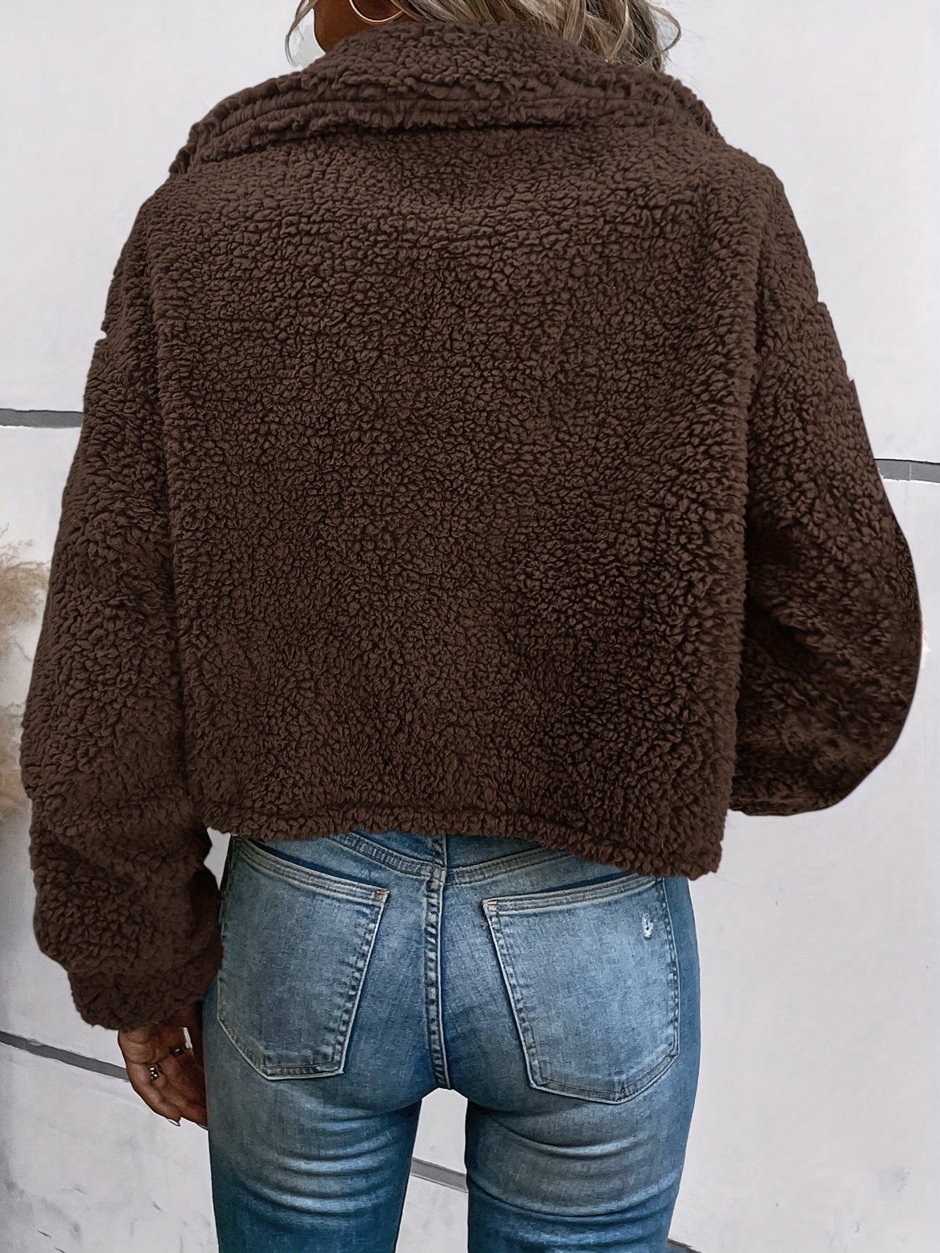 Women's Autumn-Winter Warm Elegant Solid Color Casual Lapel Front Button Long Sleeve Short Faux Coat