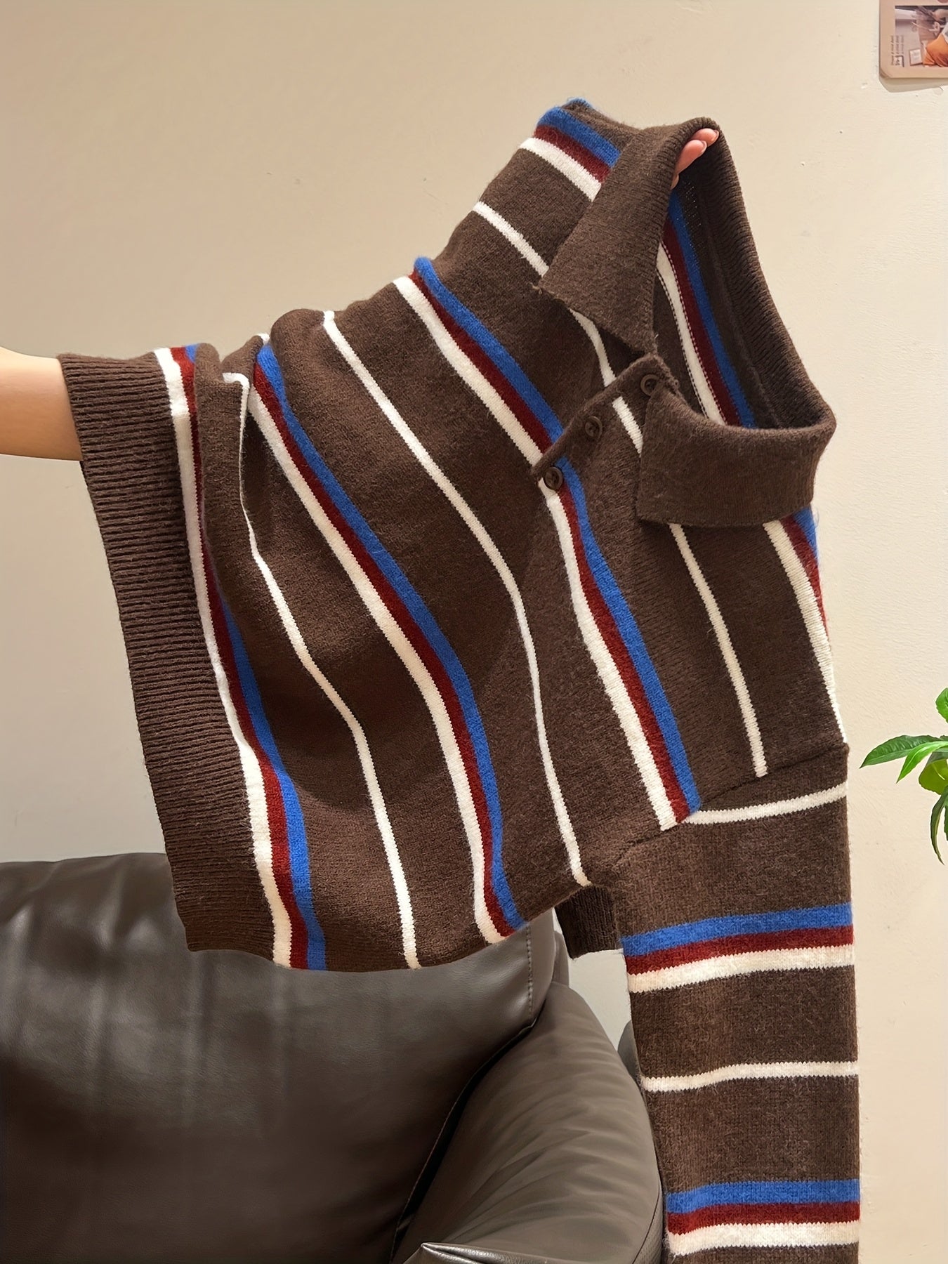 Women'S Korean Christmas Blue Striped Color-Block Button-Up Cardigan | Winter Warm Top, Elegant Knitwear, Loose Fit, Cozy Material, Long Sleeve, Fall\Winter