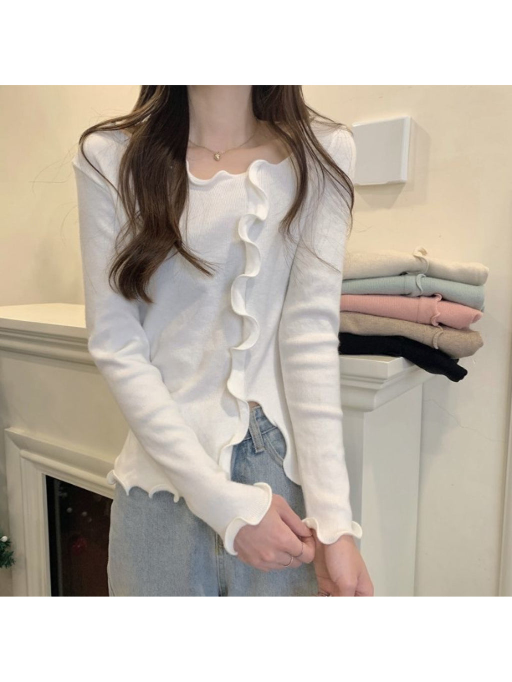 Gentle Sweet Pure Desire Ruffle Trim Top | Spring Fall Design, Long Sleeve, Solid Color, Low Collar, Slim Fit, Irregular Hot Blouse