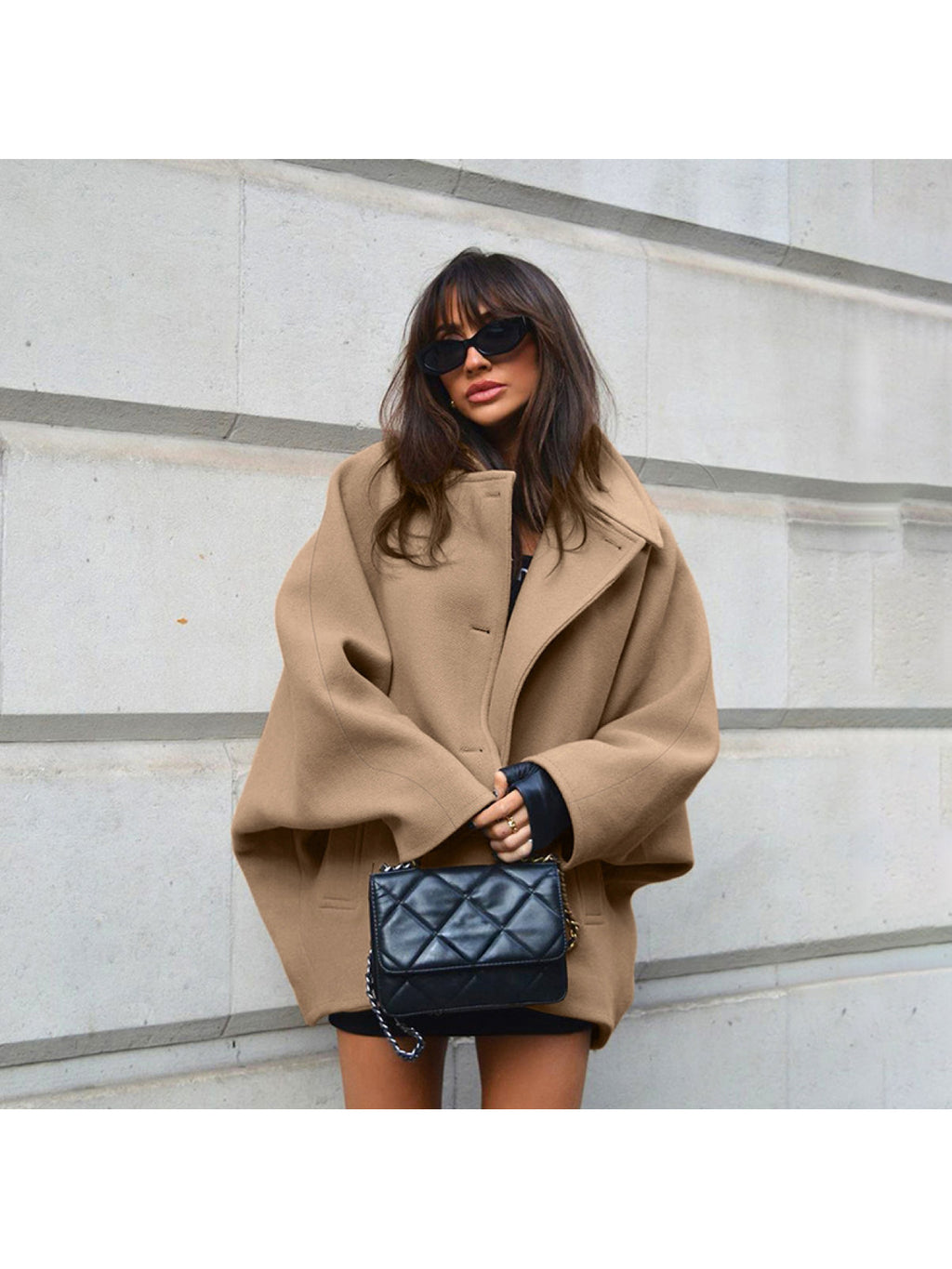 Autumn Fashion High-End Brown Lapel Batwing Sleeve Cardigan Coat European and American Cross-Border Simple Commuter Women's Clothing