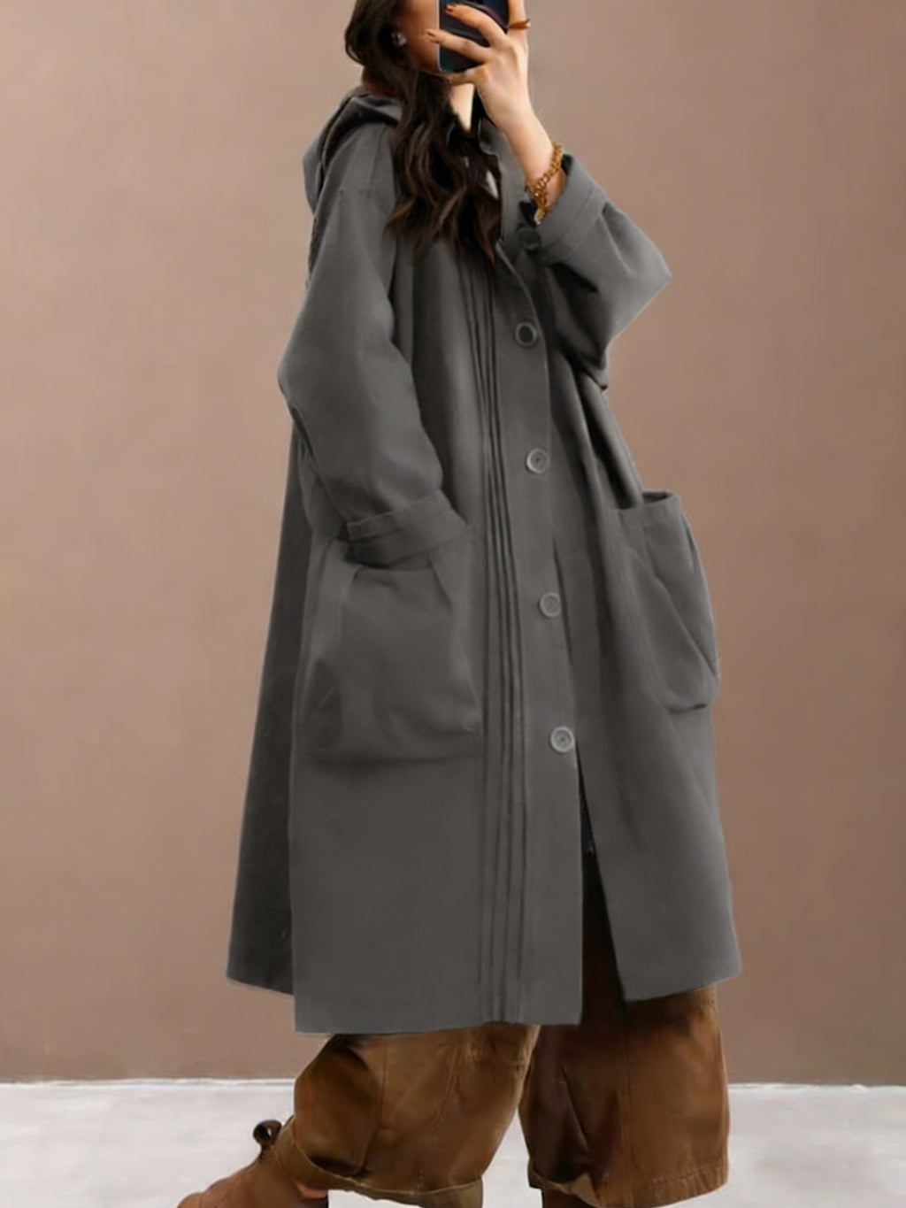 Women's Trench Coat Elegant Women's Loose-Fit Hooded Trench Coat - Versatile Mid-Length Design with Single-Breasted Button and Large Pockets for Fall\Winter