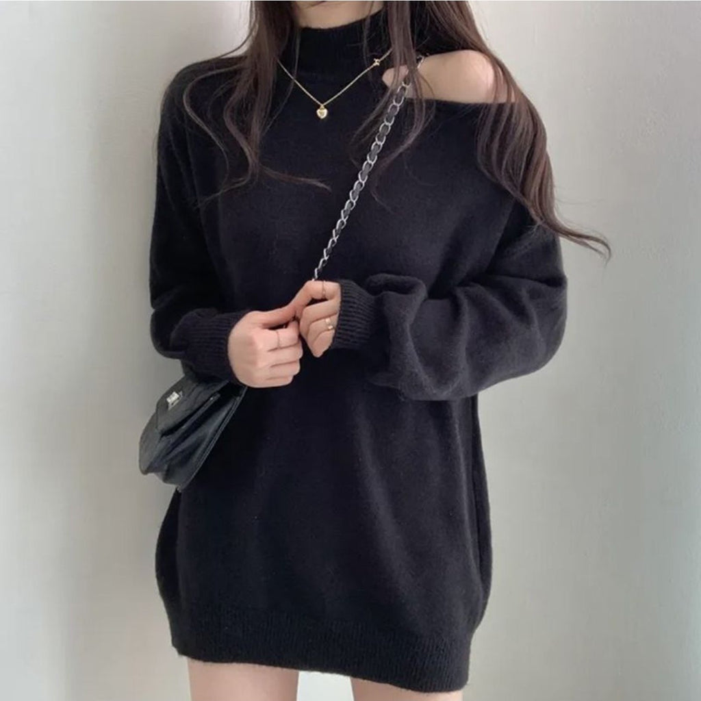 European & American Style 2026 Fall\Winter Off-Shoulder Turretneck Sweater - Hollow-Out Shoulder Design, Loose Fit Blouse, Medium-Stretch Casual Winter Sweaters for Layering