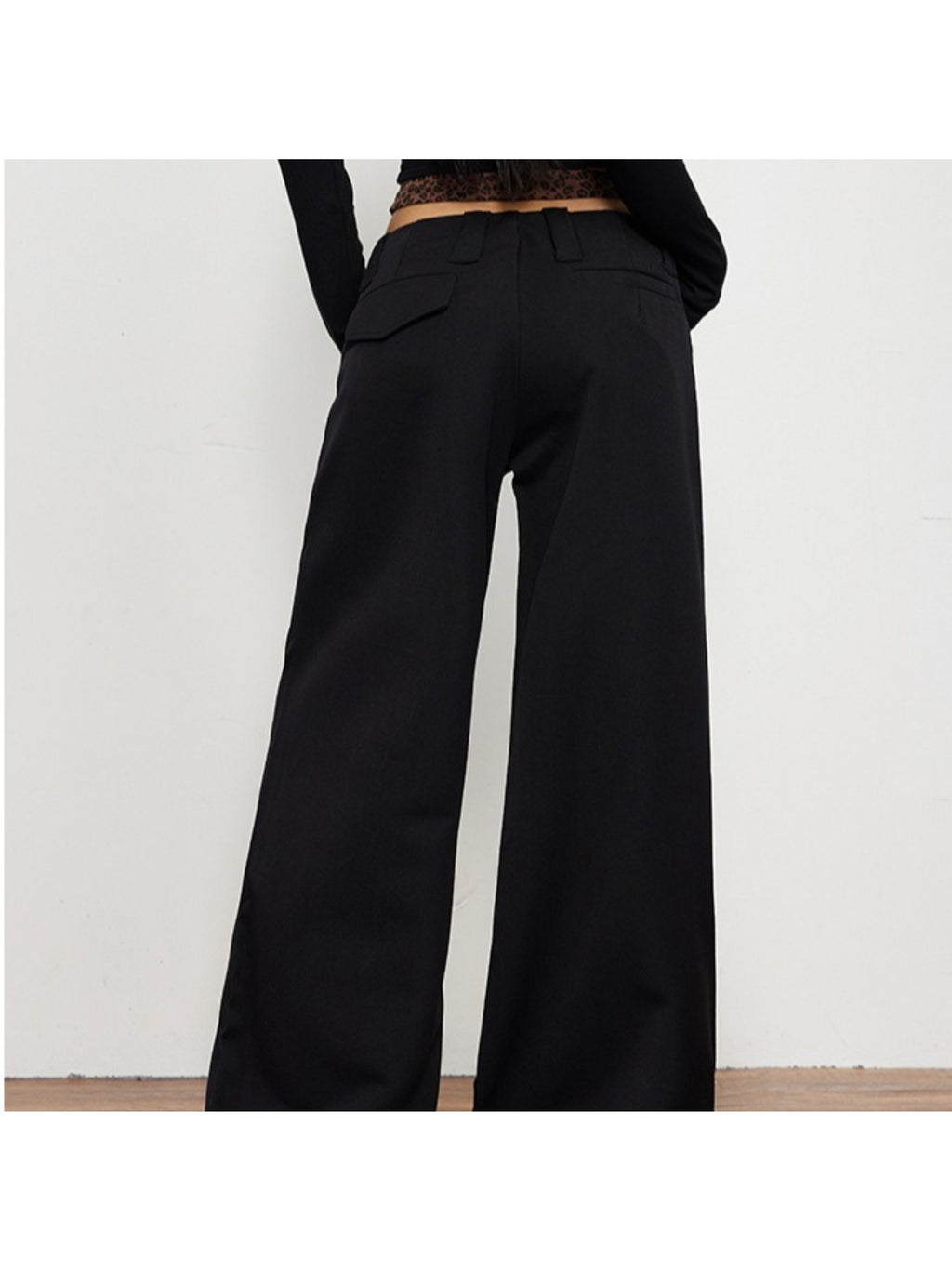 Four Seasons Wear Spice Style Black Low Waist Casual Pants | Drape Loose Straight Leg Wide Leg Suit Pants with Back Flap