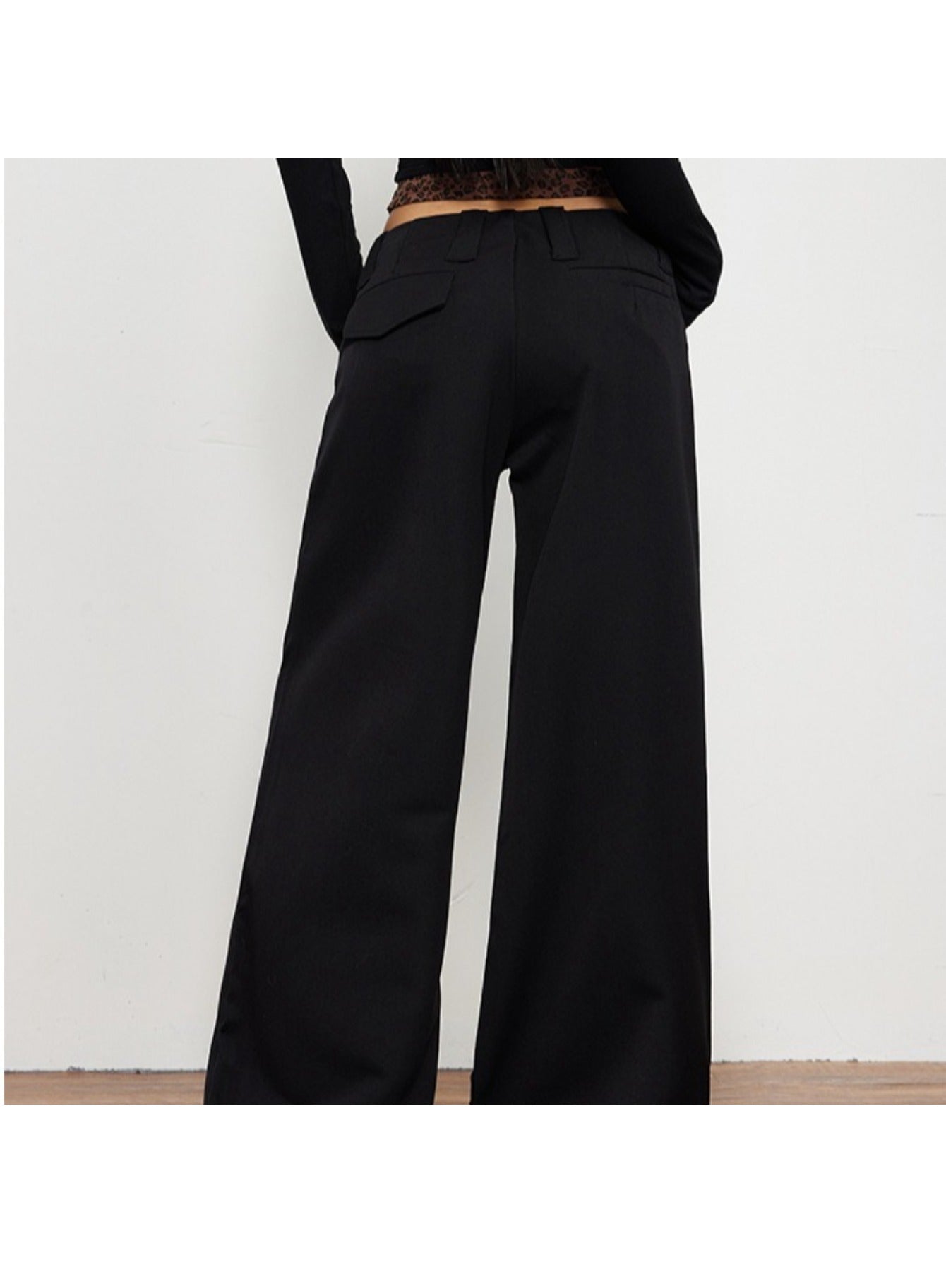 Four Seasons Wear Spice Style Black Low Waist Casual Pants | Drape Loose Straight Leg Wide Leg Suit Pants with Back Flap