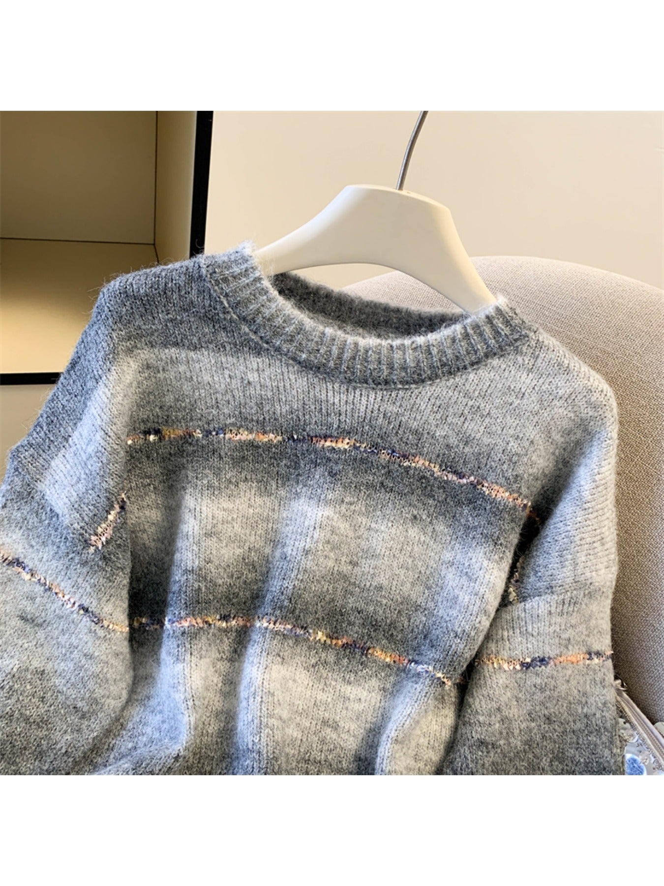 Women's Winter Warm Loose-Fit Outerwear Sweater - Rainbow Stripe Color-Block Round Neck Pullover, Casual Winter Sweaters for Layering (Hand Washable) in Multicolor Stripes