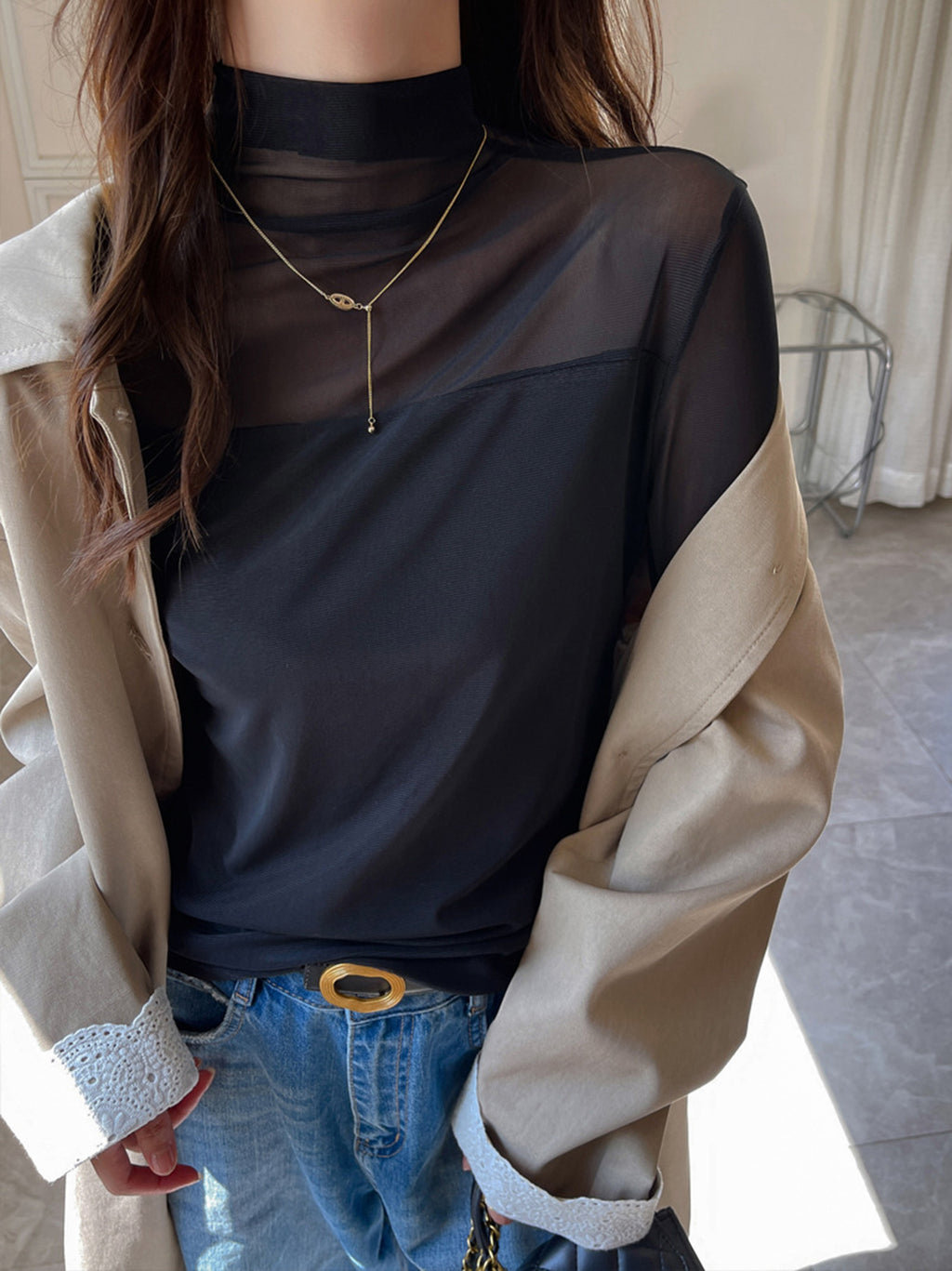 Mesh Patchwork Long-Sleeved Base Shirt | Women'S Autumn and Winter Semi-Turtleneck Fashion High-End Inner Top with Contrast Mesh Details