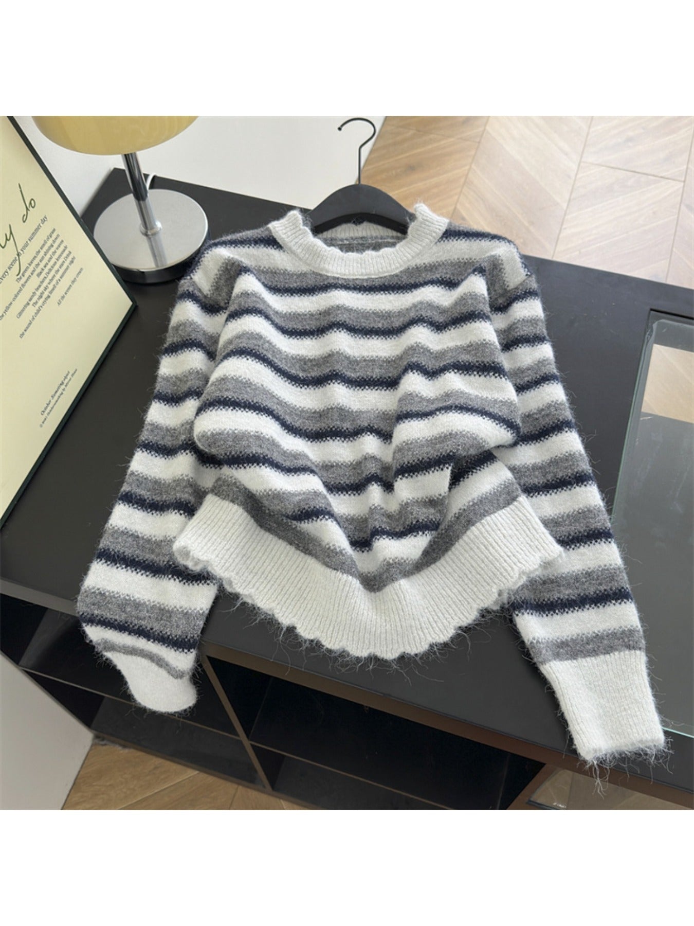 Autumn and Winter Women'S Simple and Versatile Striped Crew Neck Pullover Long-sleeve Sweater | Casual Style, Solid Color Pattern