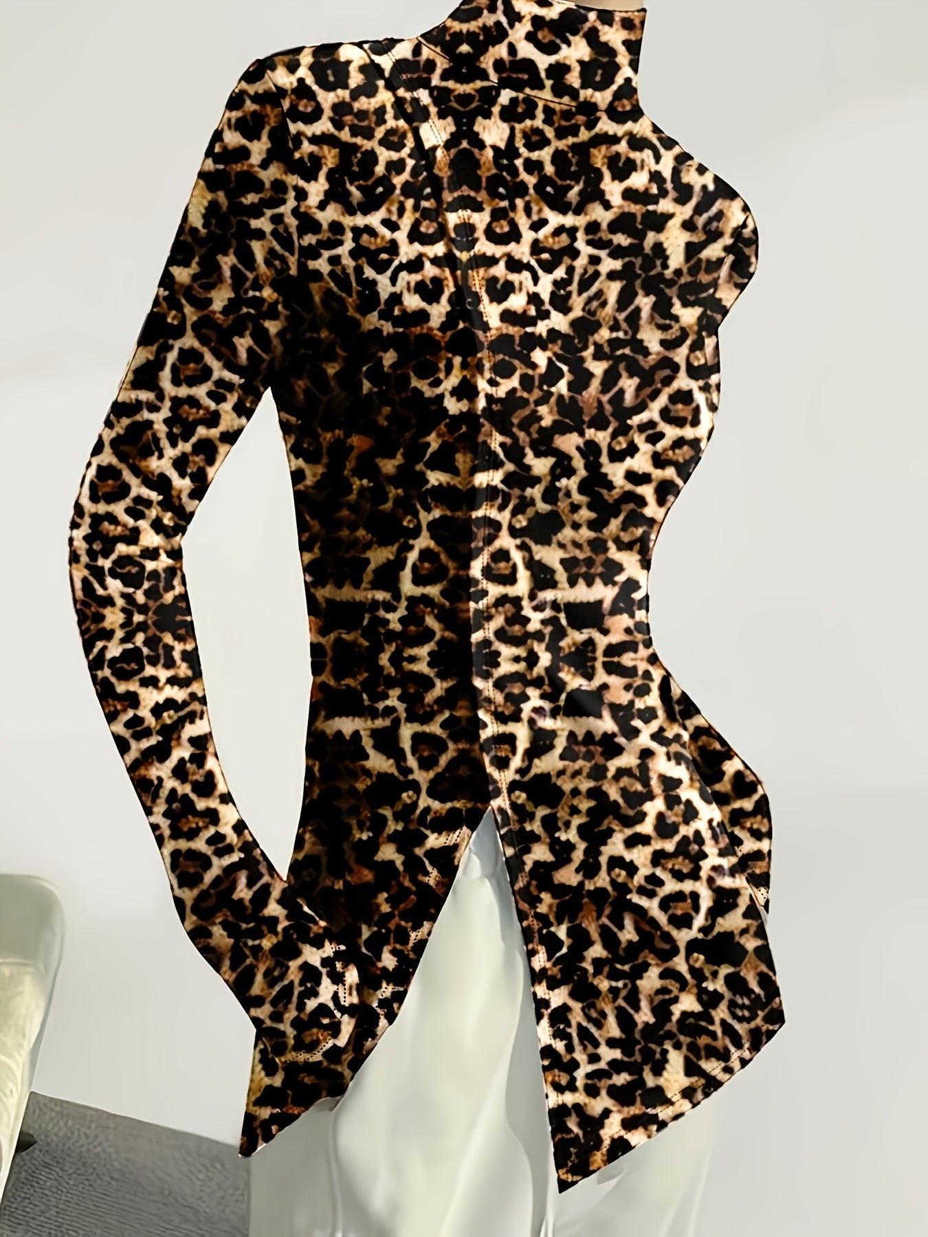 Women's Elegant High-Neck Long-Sleeve Turtleneck Top with Asymmetrical Hem - Sleek Fit Solid Color Black Shirt, Machine Washable All-Season Versatile Top for Casual & Formal Wear, Formal Clothing, Modern Fashion, Smooth Fabric