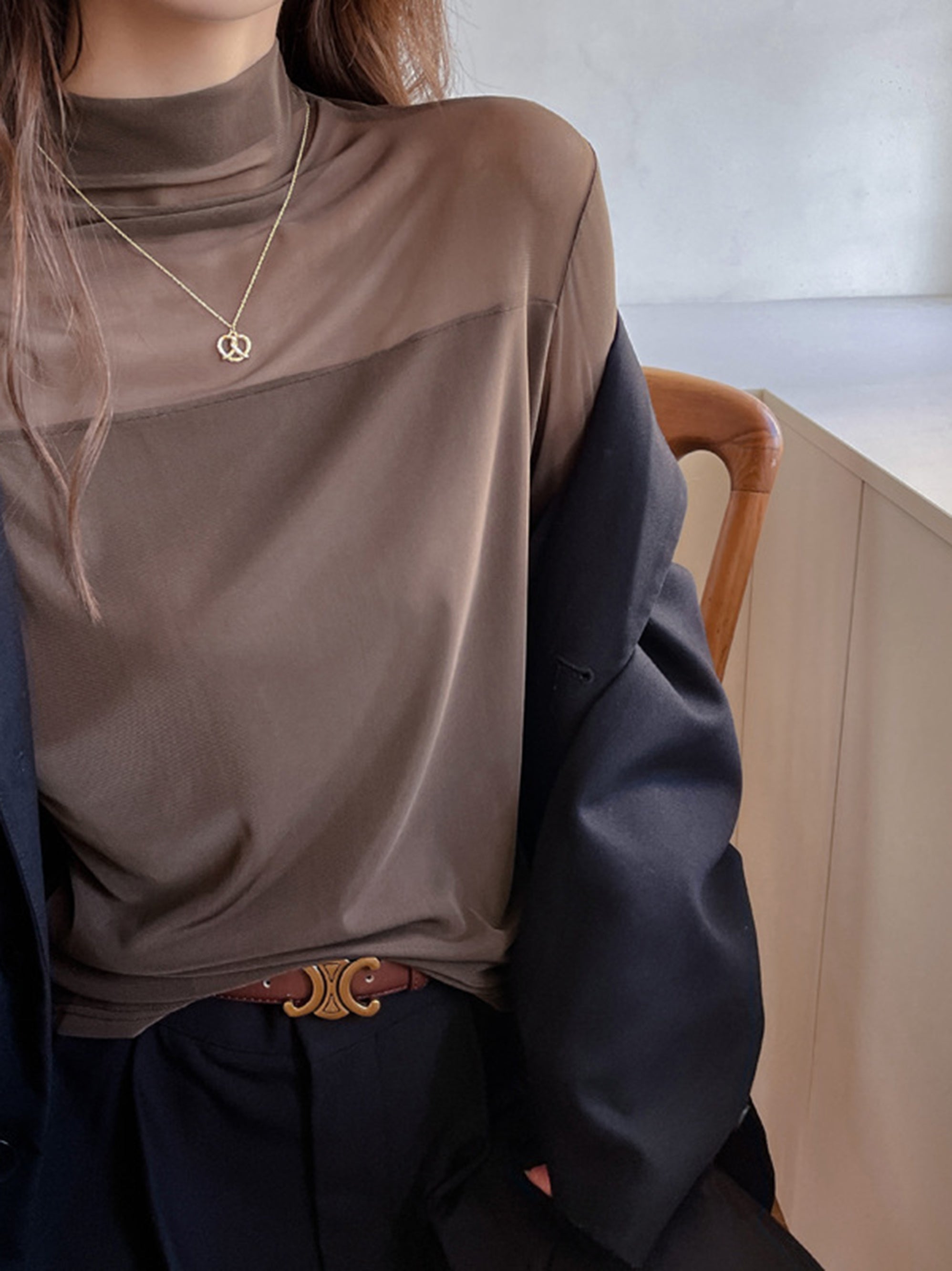 Mesh Patchwork Long-Sleeved Base Shirt | Women'S Autumn and Winter Semi-Turtleneck Fashion High-End Inner Top with Contrast Mesh Details