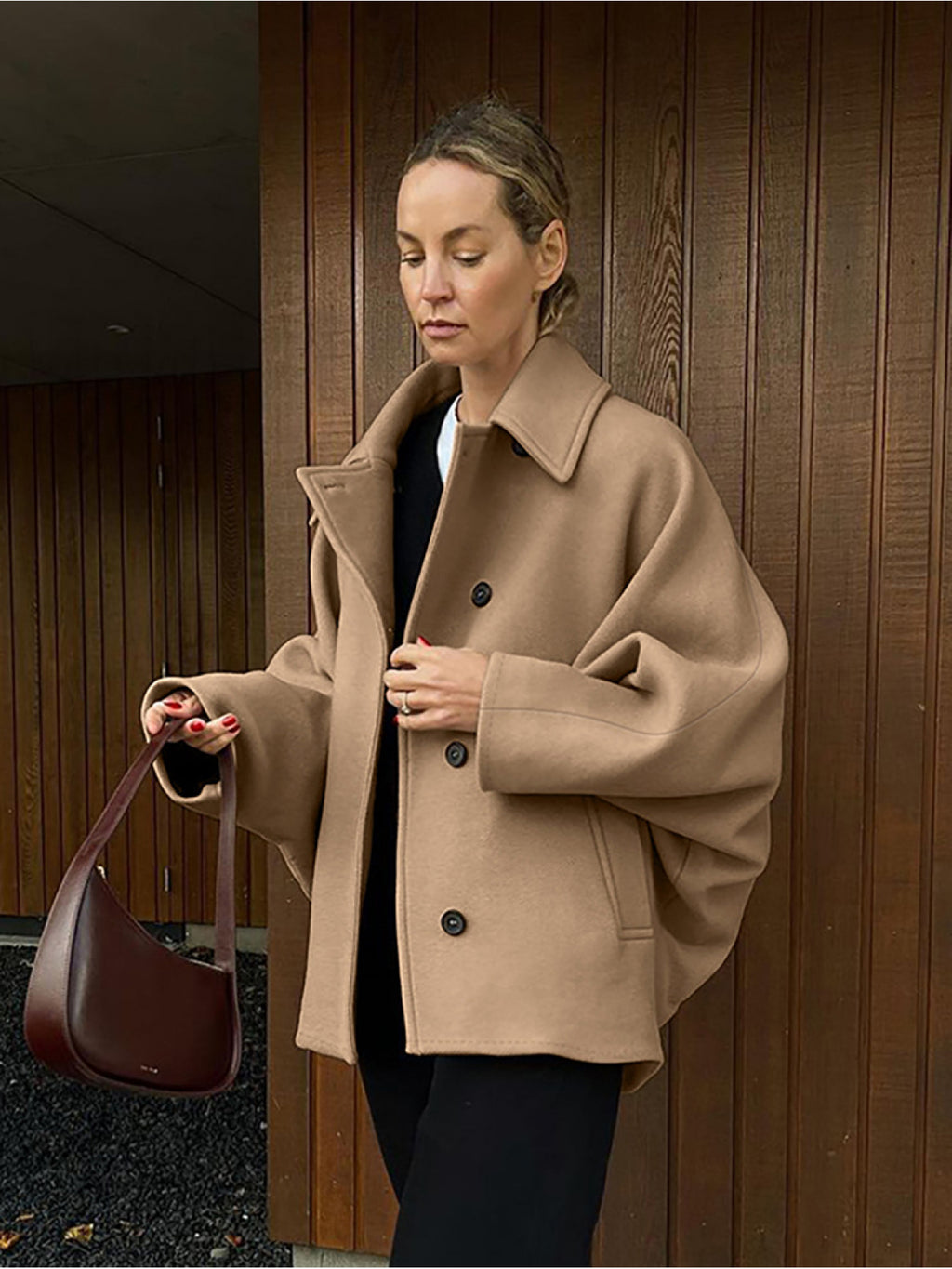 Autumn Fashion High-End Brown Lapel Batwing Sleeve Cardigan Coat European and American Cross-Border Simple Commuter Women's Clothing