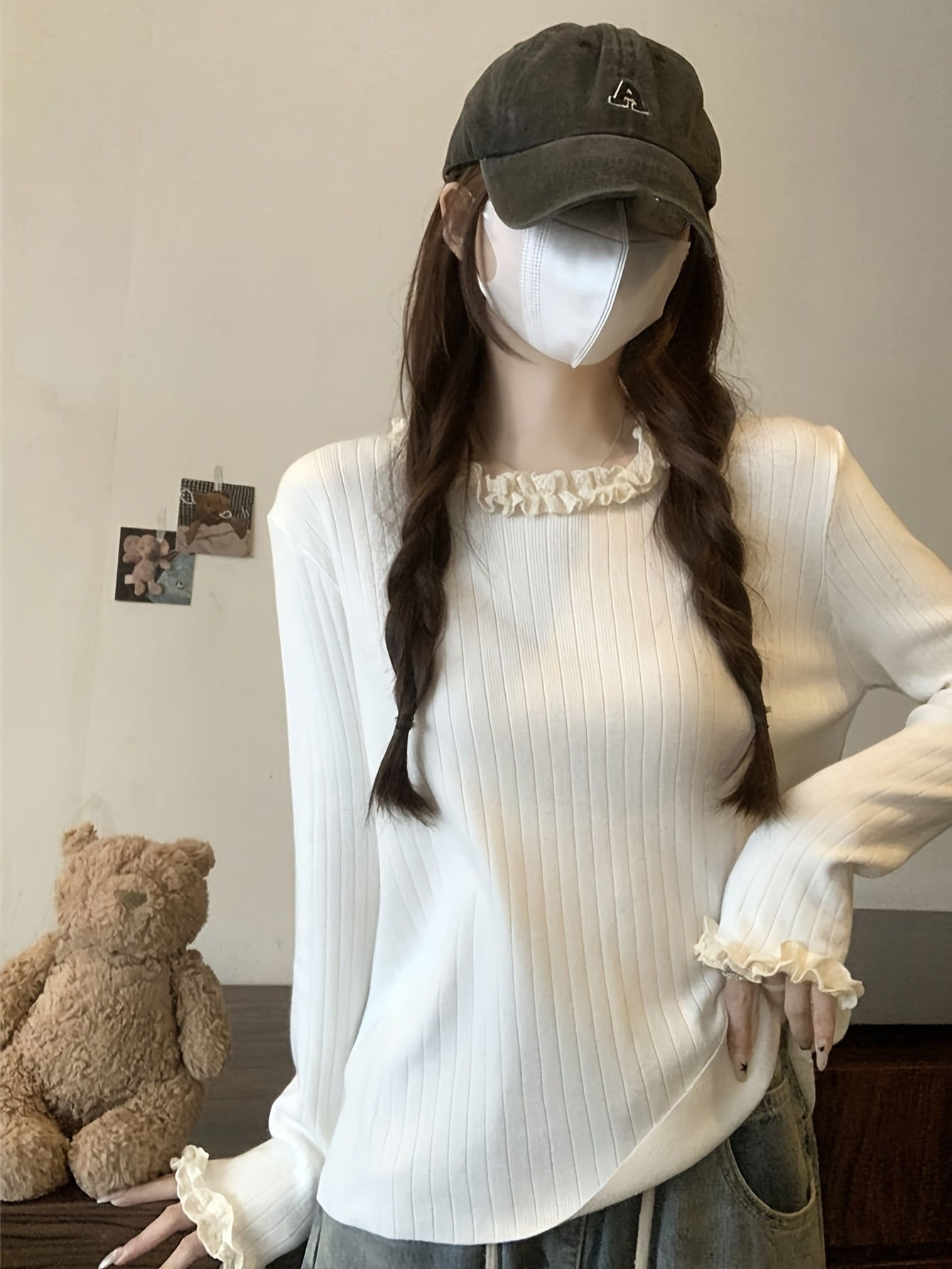 Solid Color Ruffle Neckline Top, Sweet Cute Lace Sweater, Fashionable Versatile Women's Pullover for Autumn and Winter