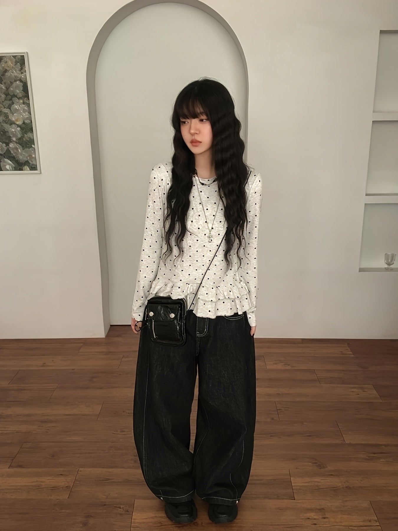 Autumn Round Neck Ruffle Sleeve T-Shirt, Ballet Style Casual Versatile Loose Top, Sweet Base Layer Shirt for Women