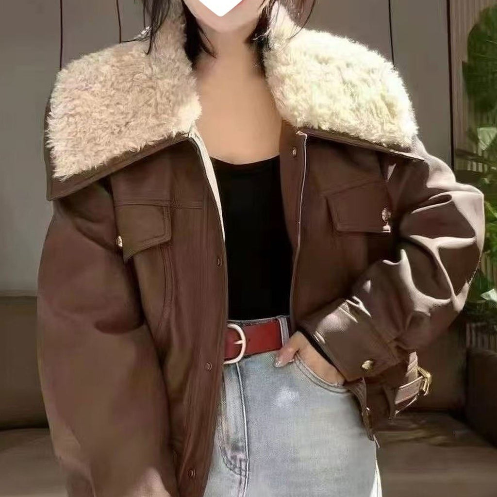 Womens Short Winter Coat - Warm Fashion Lamb Patchwork Jacket with Oversized Lapel - Stylish Puffer Outerwear for Cold Weather