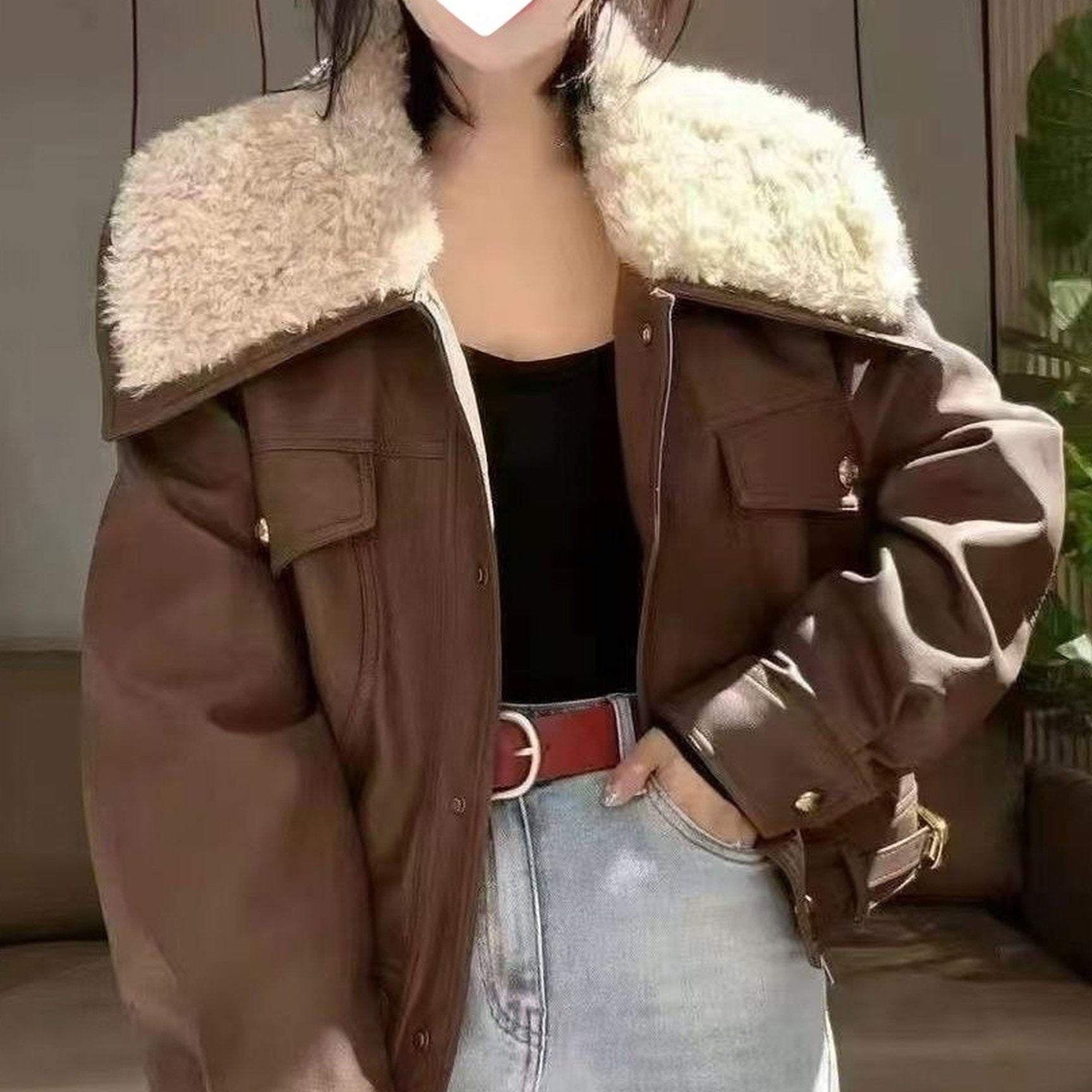 Womens Short Winter Coat - Warm Fashion Lamb Patchwork Jacket with Oversized Lapel - Stylish Puffer Outerwear for Cold Weather