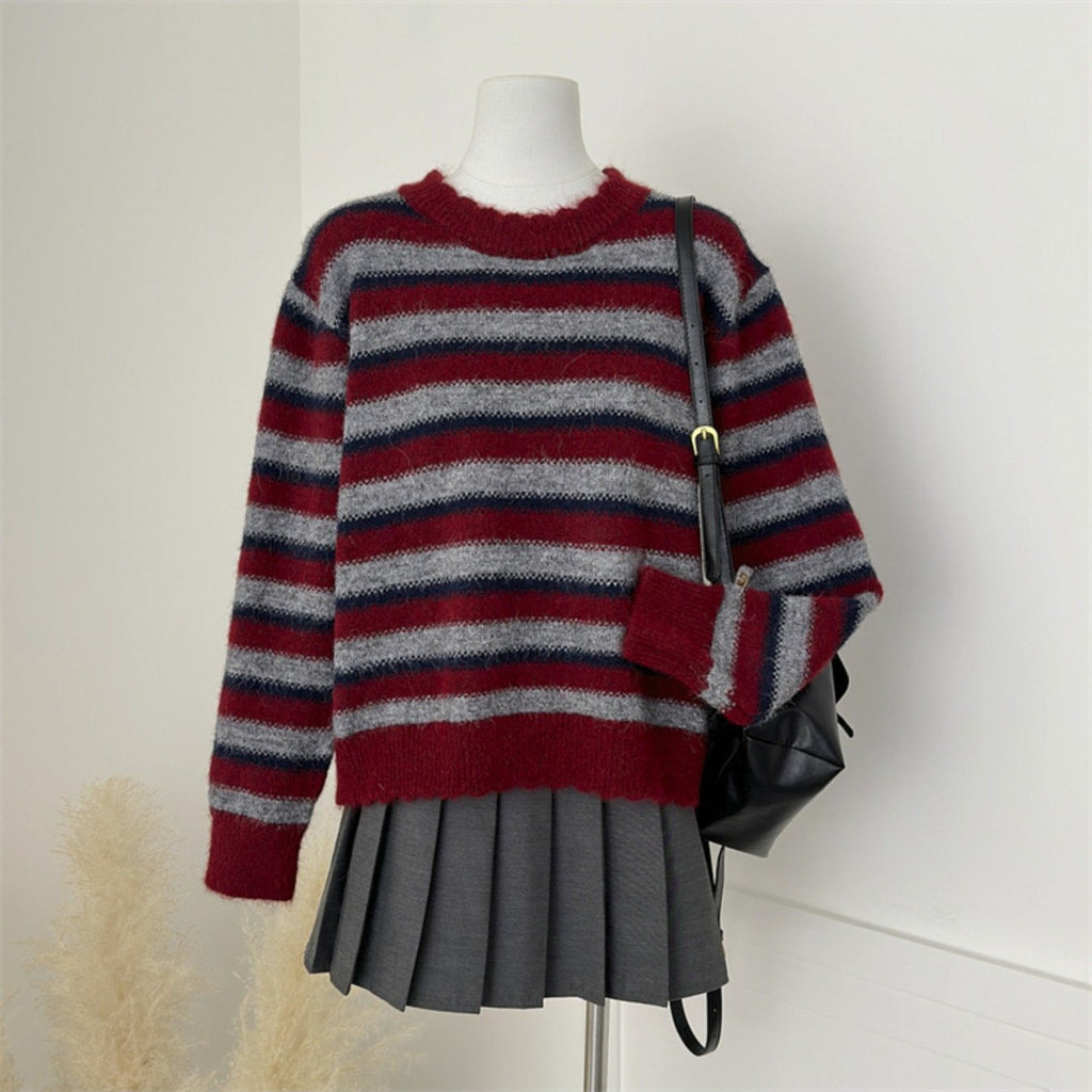 Autumn and Winter Women'S Simple and Versatile Striped Crew Neck Pullover Long-sleeve Sweater | Casual Style, Solid Color Pattern