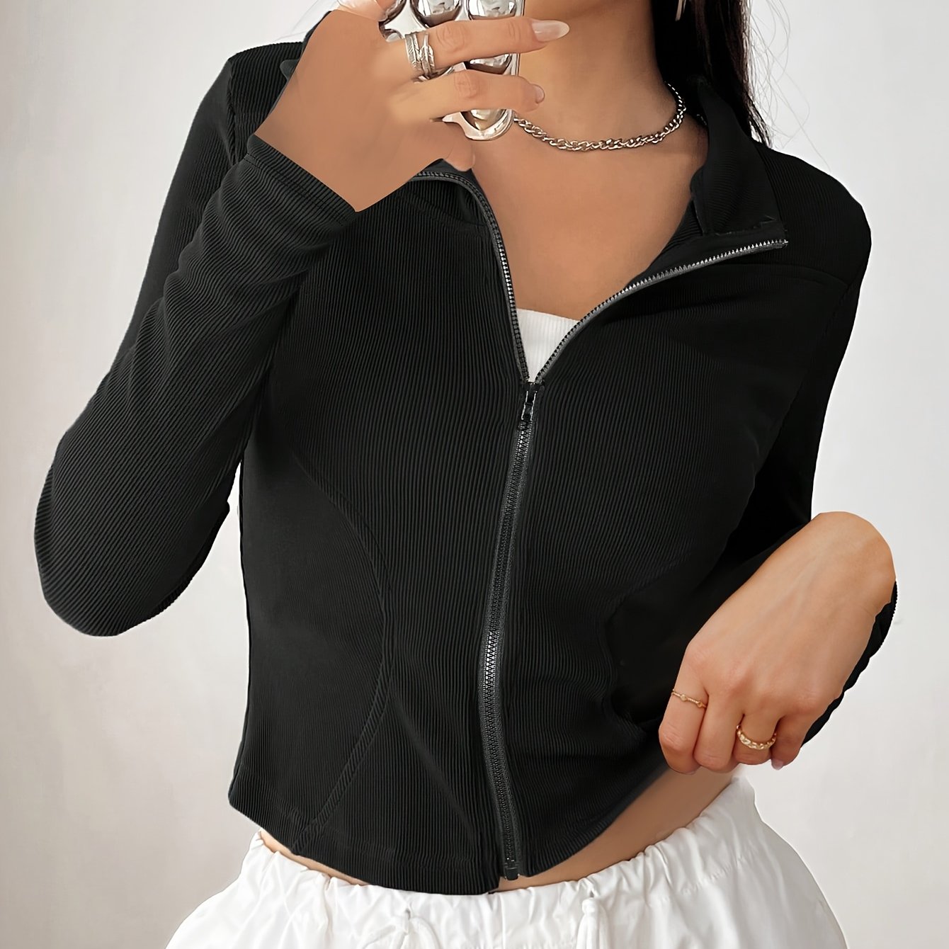 Solid-color Ribbed Stand-up Collar Zipper Jacket for Women In Autumn And Winter