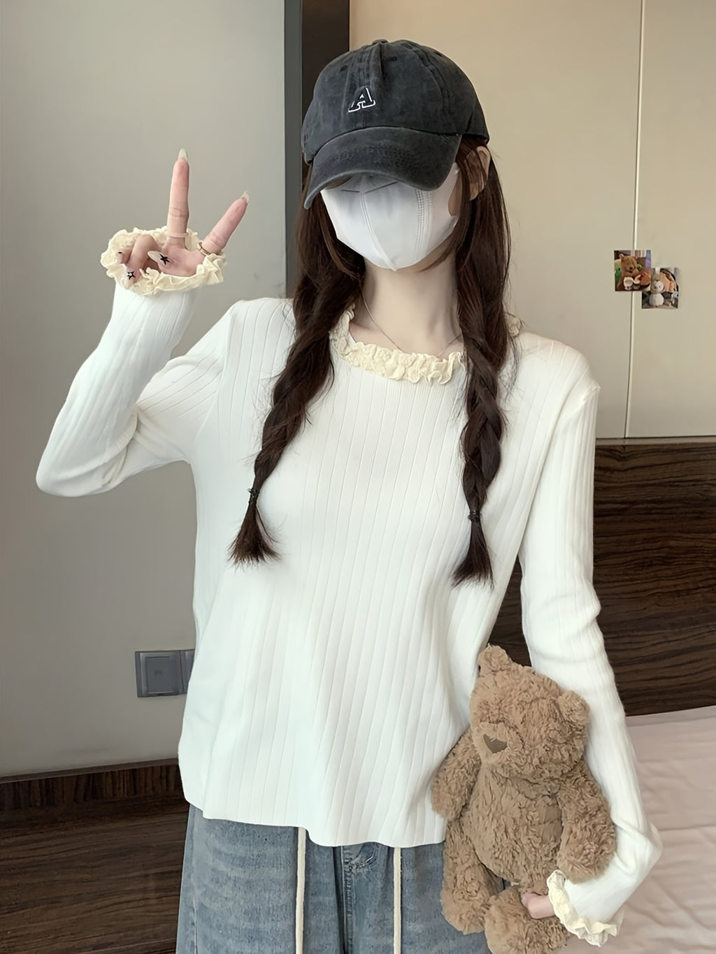 Solid Color Ruffle Neckline Top, Sweet Cute Lace Sweater, Fashionable Versatile Women's Pullover for Autumn and Winter