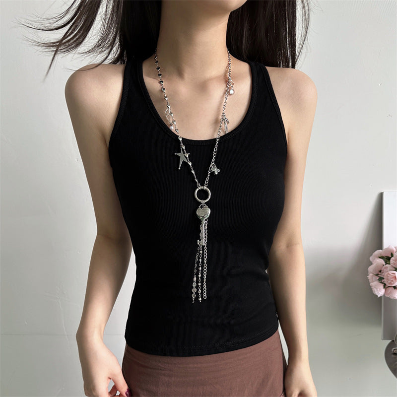 Sweet Cool Style Heart Tassel Necklace High-End Bow Pendant Design Sweater Chain Choker