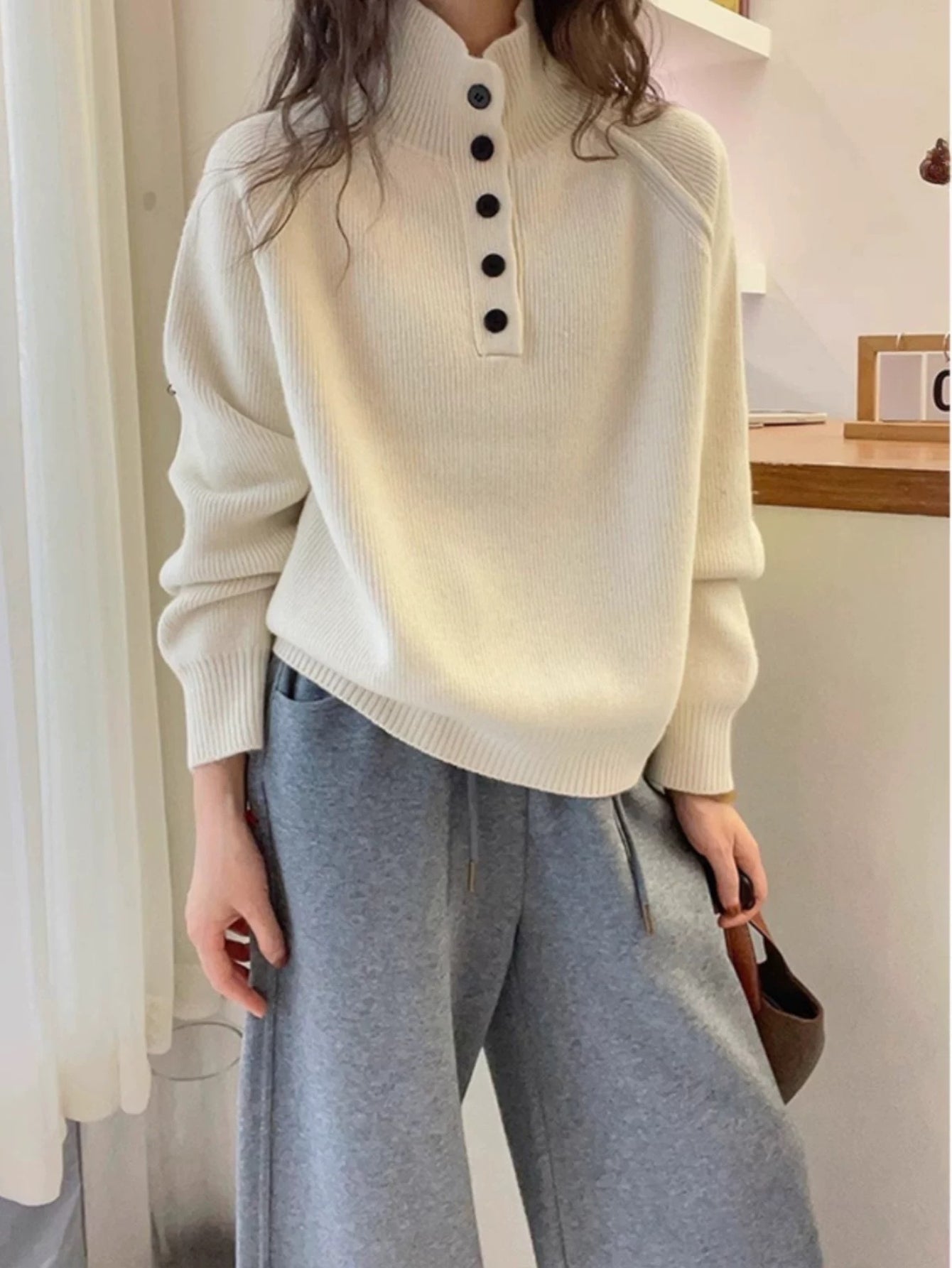 Winter Sweater - High Neck Turtleneck Button-Front Closure, Loose Fit Soft Warm Pullover Sweaters, One-Size-Fits-Most Color Block design for Office, Date Night & Cold Weather